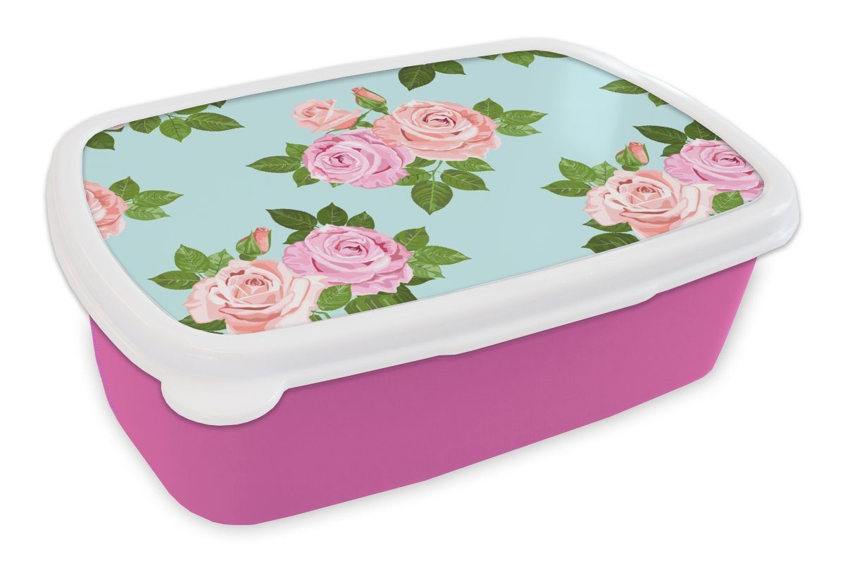 MuchoWow Lunchbox Rosen - Romantisch - Muster, Kunststoff, (2-tlg), Brotbox für Erwachsene, Brotdose Kinder, Snackbox, Mädchen, Kunststoff rosa