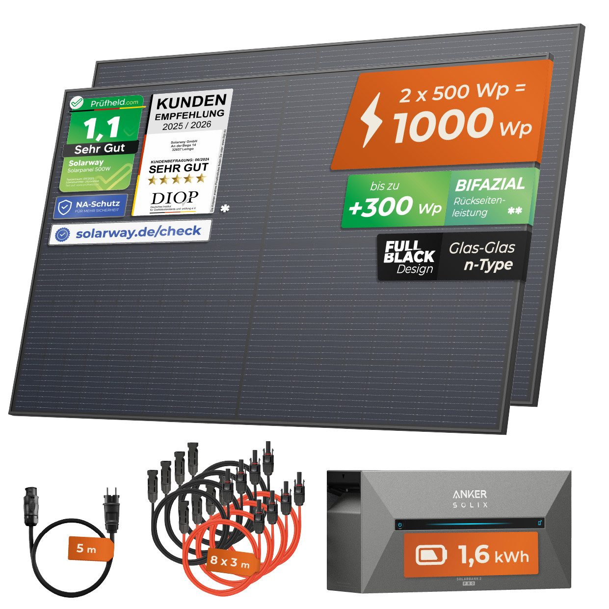 Solarway Balkonkraftwerk mit Speicher All in One 1000 Wp / 800 Watt 1,6 kWh Anker Solix 2 Pro, 1000 W, Monokristallin, (Module, Speicher und Kabel), Solaranlage Komplettset - 500W Solarmodule & Anker Speicher & Zubehör