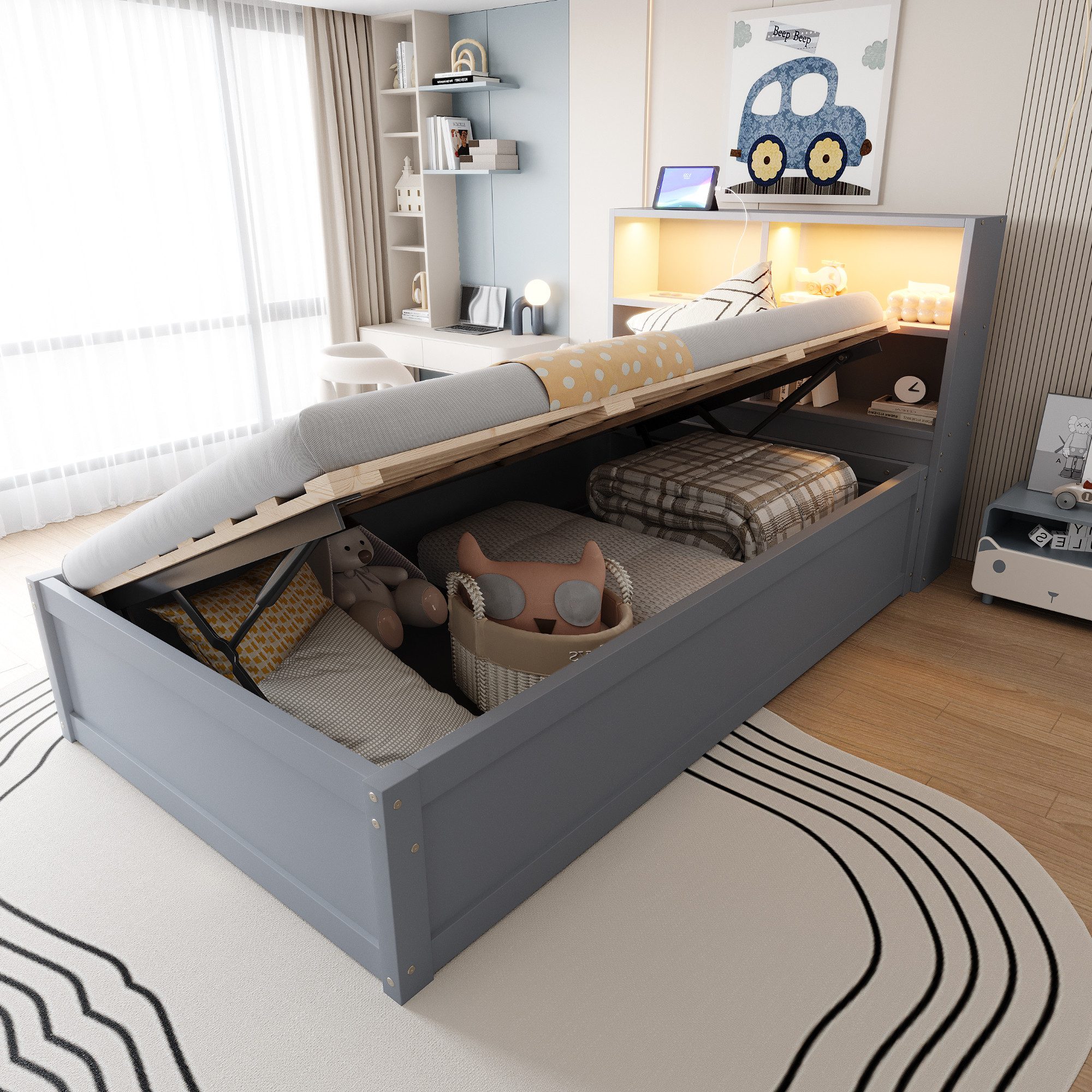 Merax Daybett 90x200cm mit LED-Lichtleiste und USB-Steckdose (1 tlg), Schlafsofa Kinderbett mit hydraulischem Stauraum und Ablagefächern