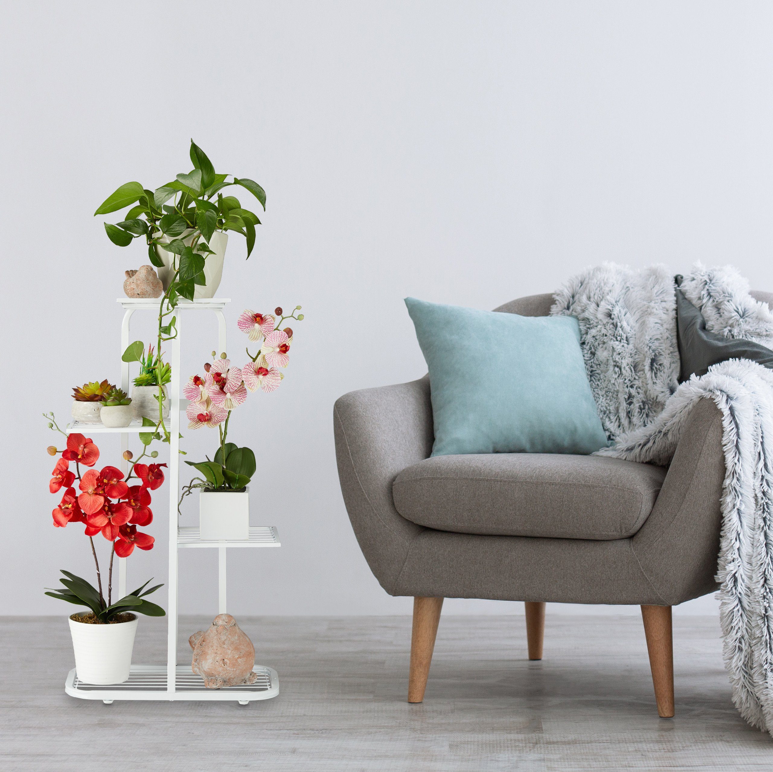 relaxdays Blumenständer Metall Blumentreppe 4 Etagen (Bausatz inkl. Werkzeug und bebilderter Anleitung, 1 St), weiß