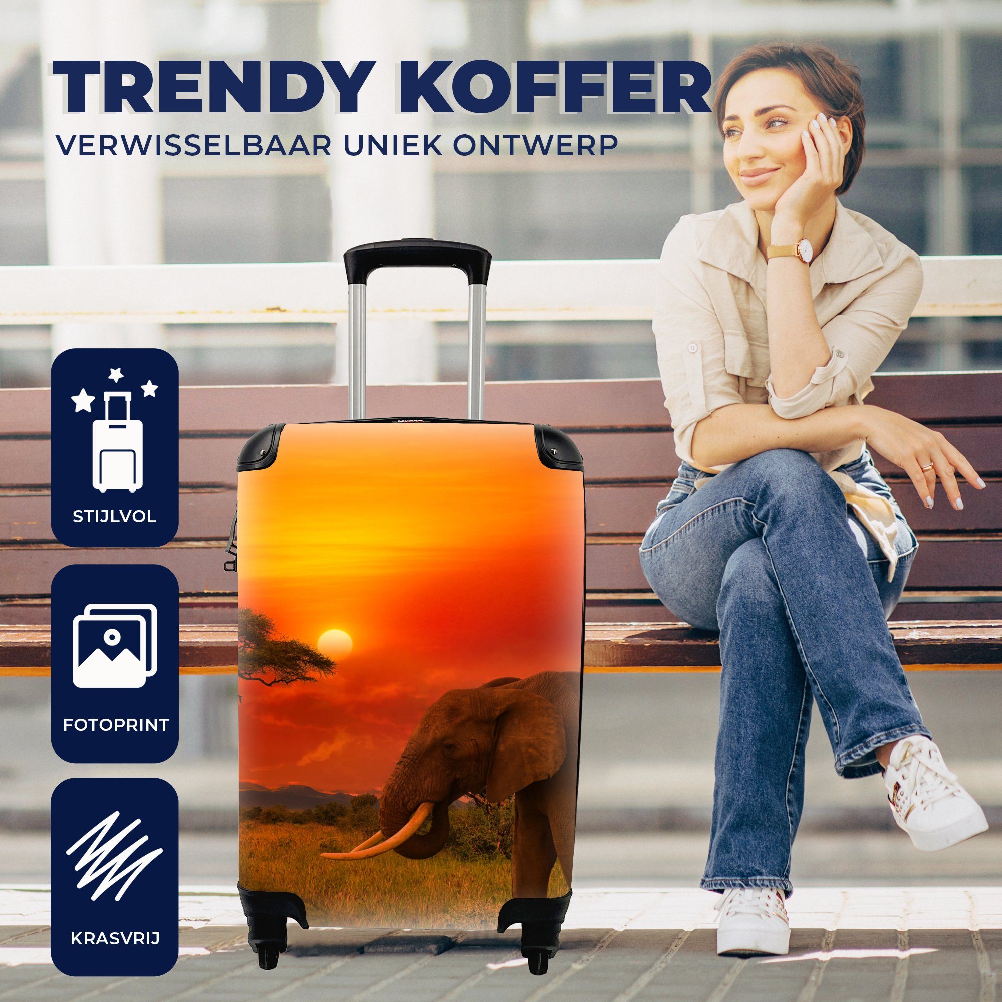 - - Ferien, - mit Orange Elefant Rollen, Savanne MuchoWow Reisetasche Tiere, Reisekoffer - Handgepäckkoffer rollen, Handgepäck für Sonnenuntergang Trolley, 4