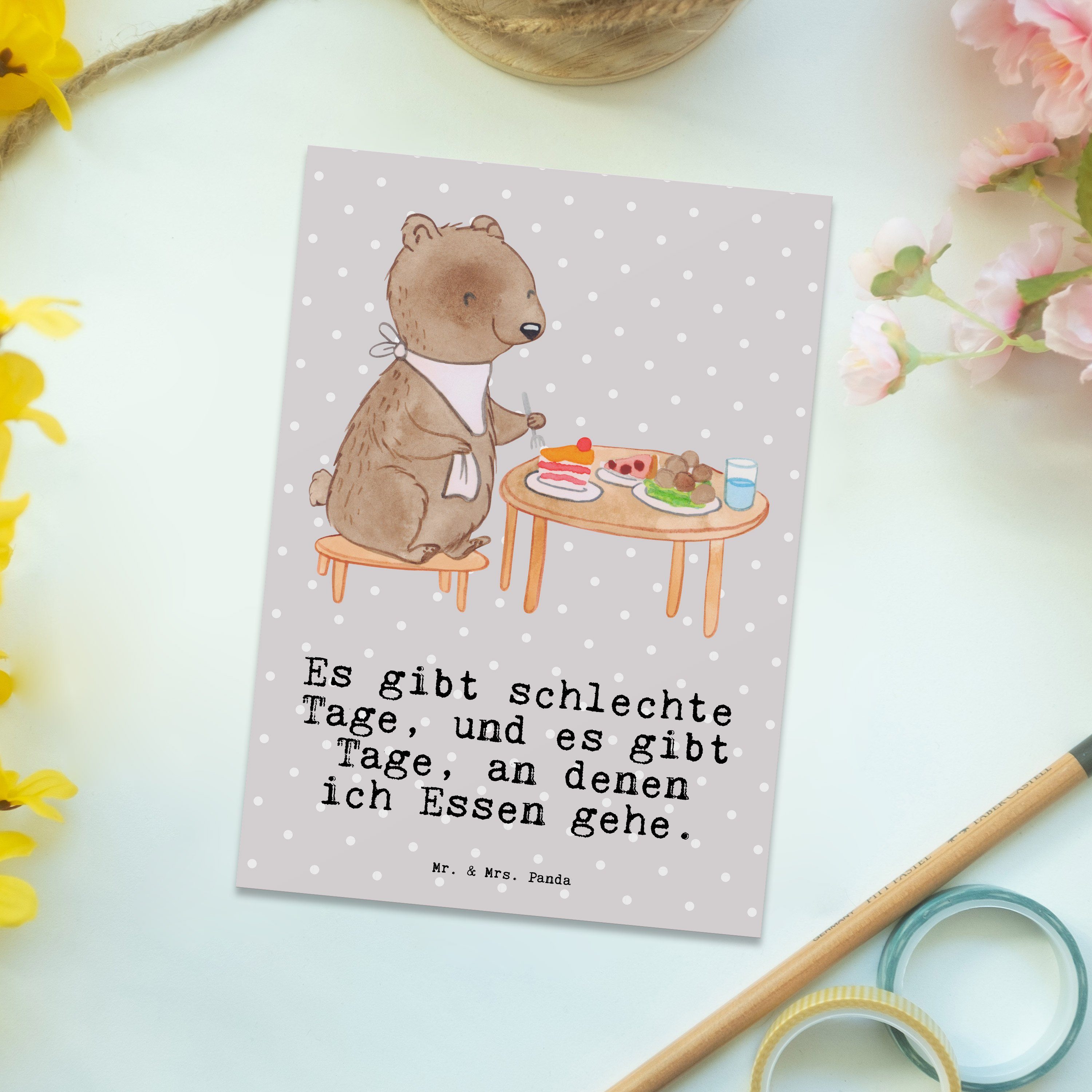 Essen Panda Pastell Geschenk, gehen Postkarte - Grau - & Geburtstagskarte, Mrs. Mr. Res Tage Bär
