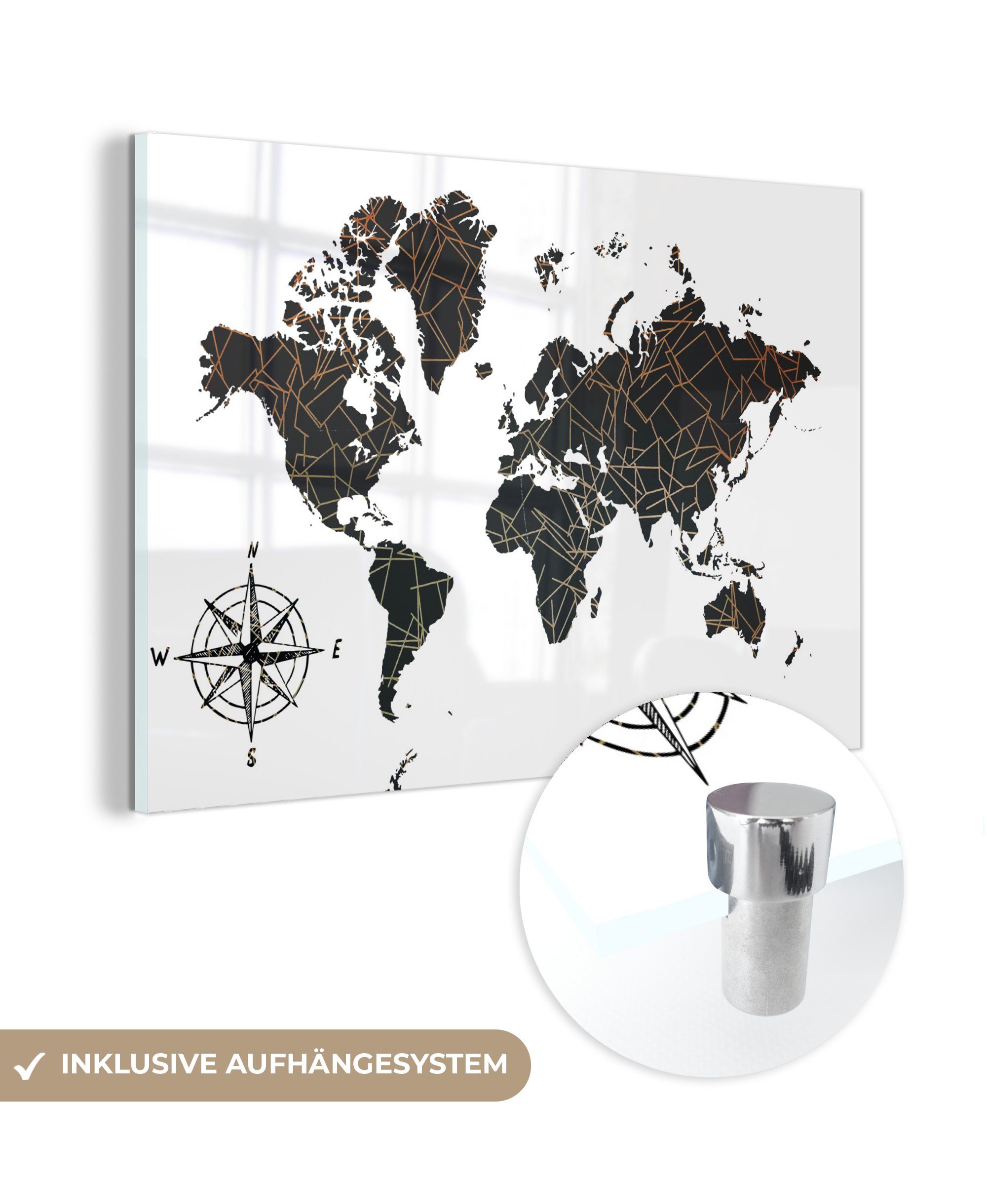 MuchoWow Acrylglasbild Weltkarte - Schwarz - Weiß - Kupfer, (1 St), Glasbilder - Bilder auf Glas Wandbild - Foto auf Glas - Wanddekoration