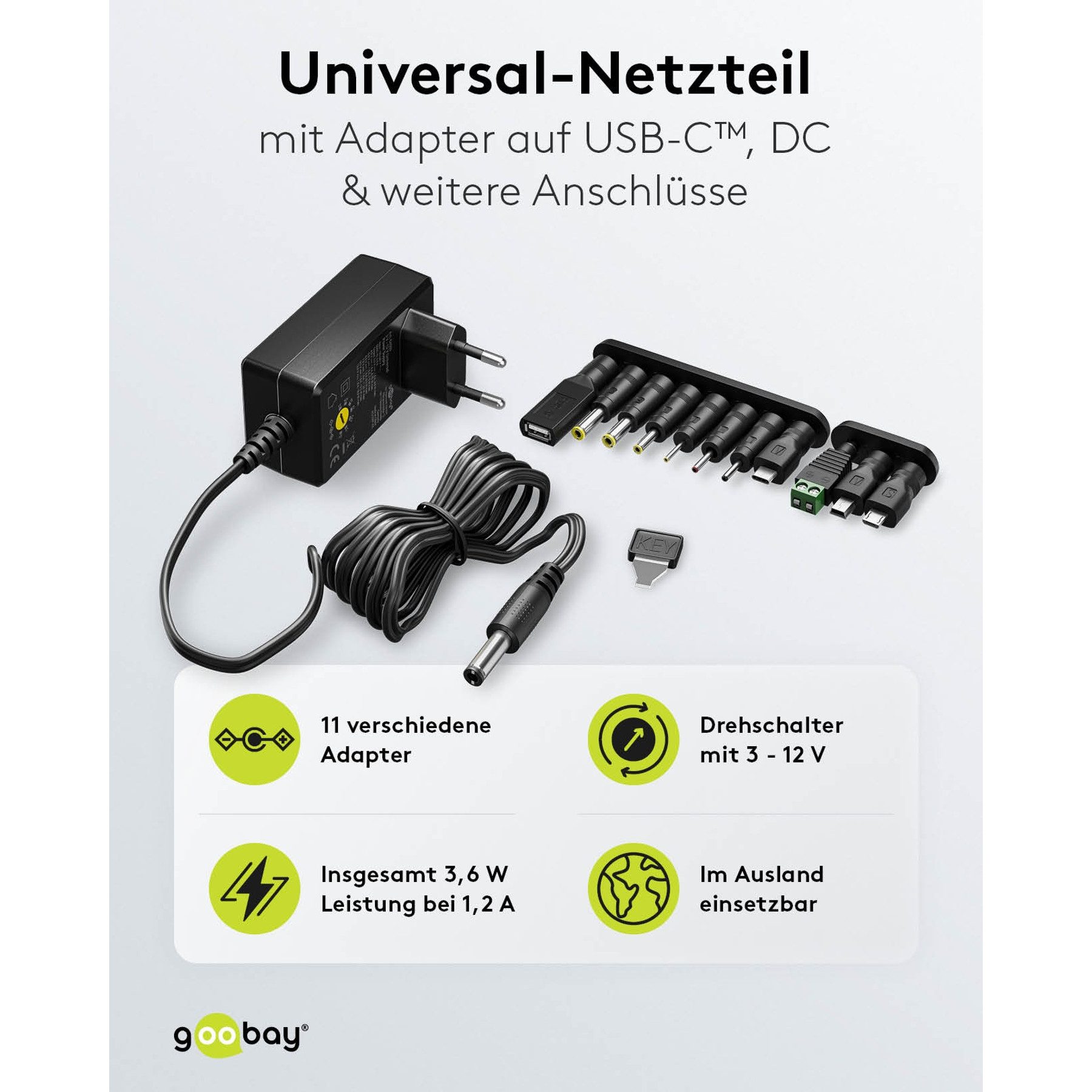 Goobay GOOBAY Universal-Netzteil 65592, 3-12V, 3,6W, mit 11 Adaptern Universal-Netzteil
