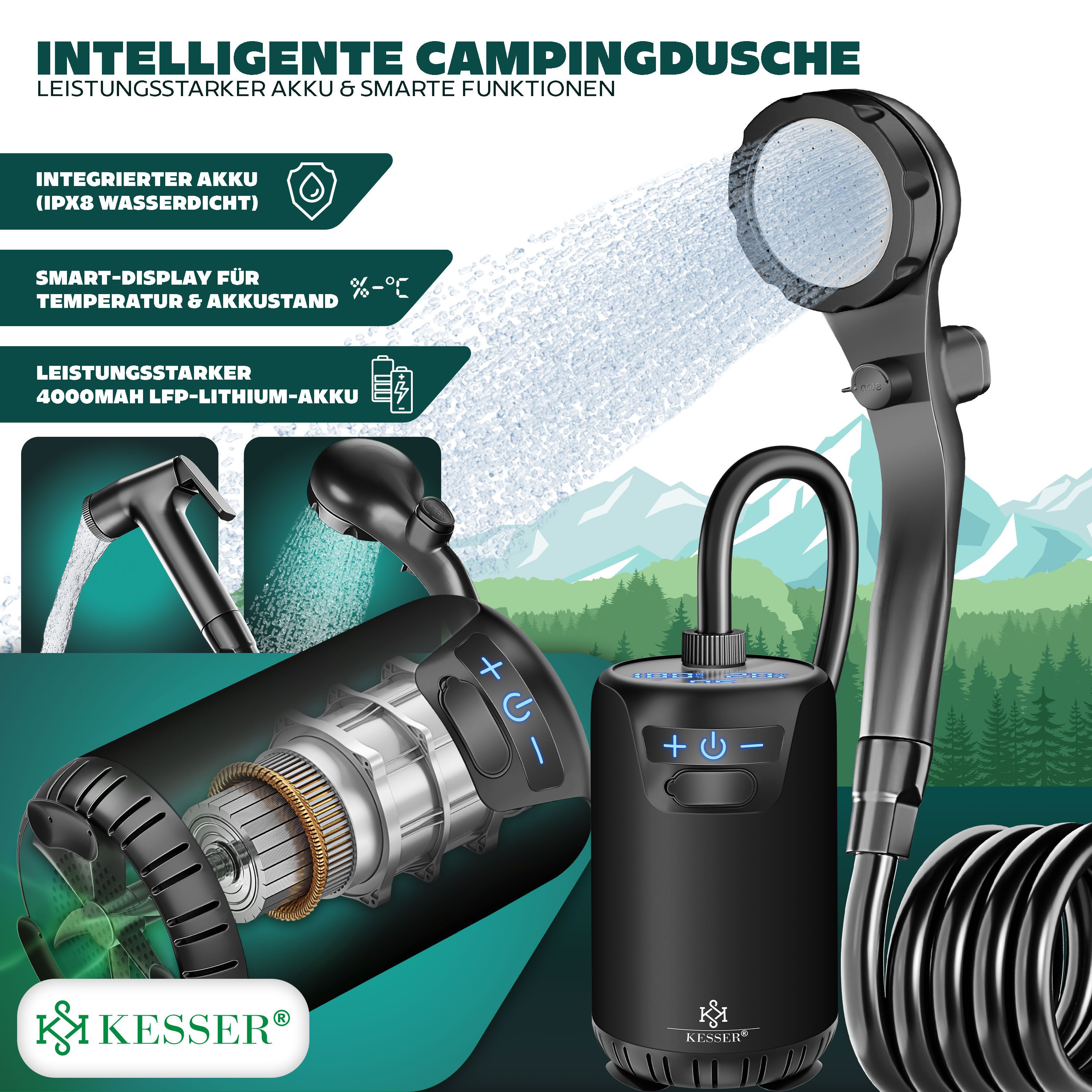 KESSER Gartendusche Campingdusche mit Pumpe & wiederaufladbarem Akku 4000mAh (Mobile Dusche inkl. Duschkopf, 2m Schlauch, Sprühpistole & Halterung), Outdoor Dusche