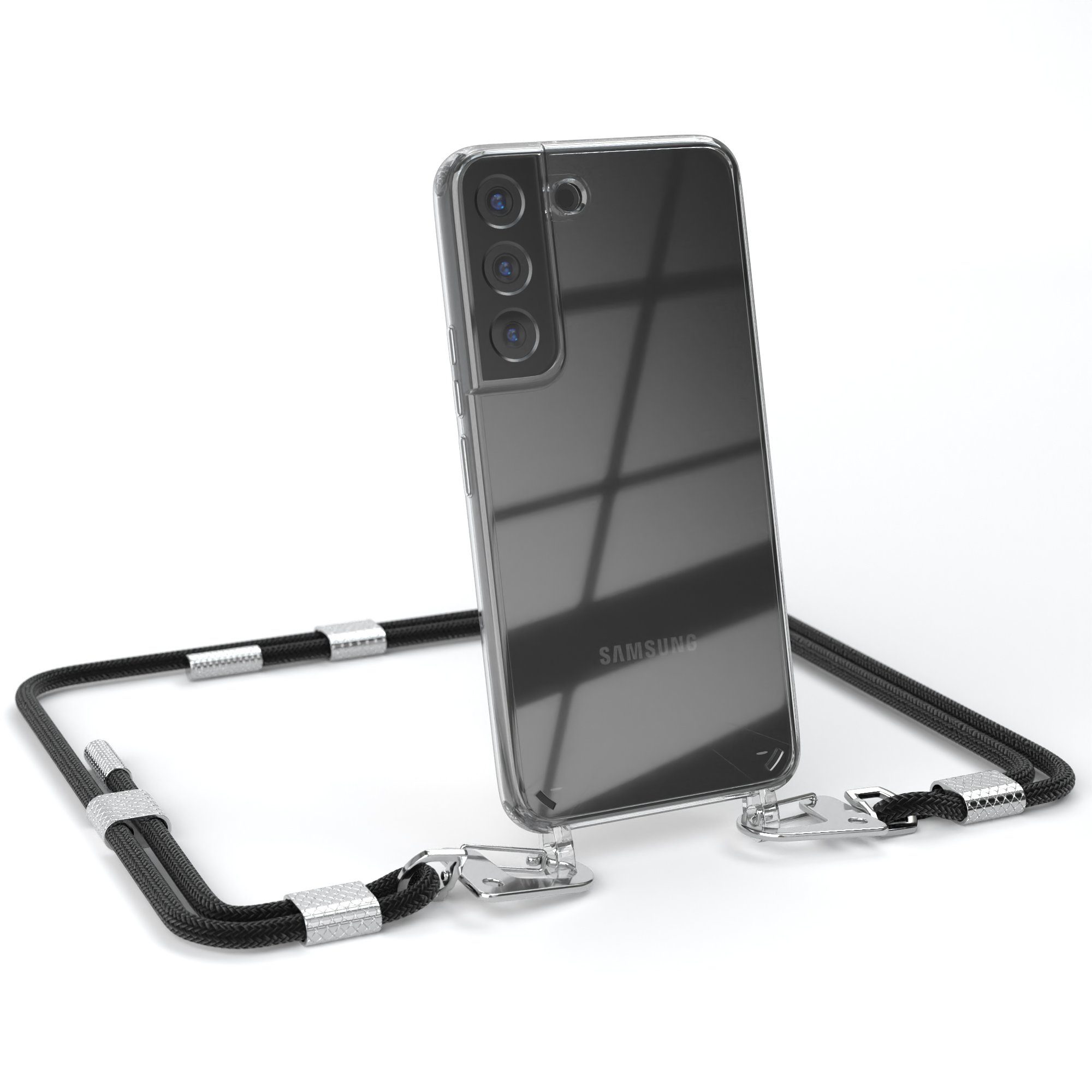 EAZY CASE Handykette Silikonhülle mit Kette für Samsung Galaxy S22 5G 6,1 Zoll, Ketten Hülle Transparent Case Kettenhülle abnehmbare Kordel Schwarz
