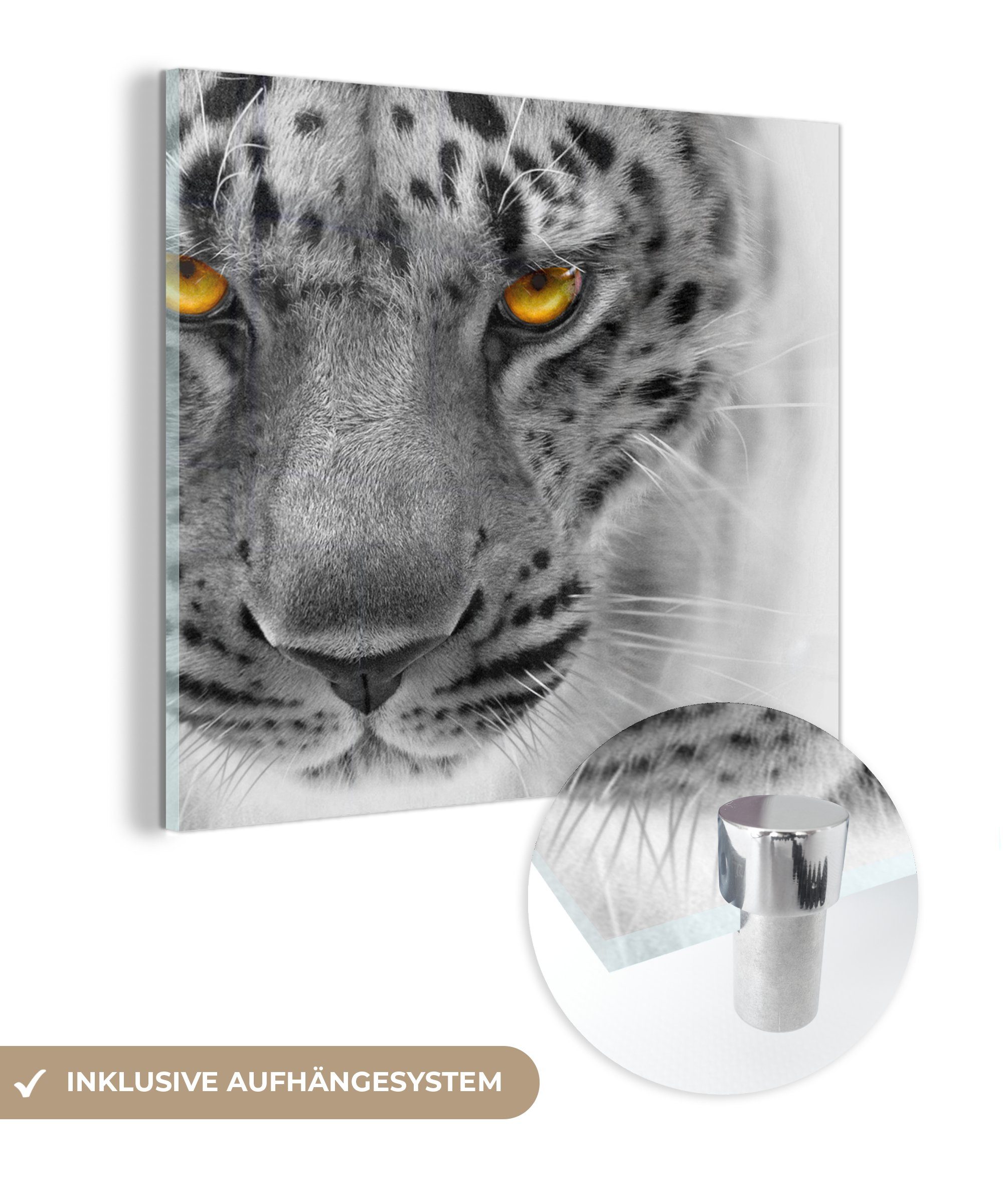 MuchoWow Acrylglasbild Leopard - Augen - Schwarz - Weiß, (1 St), Glasbilder - Bilder auf Glas Wandbild - Foto auf Glas - Wanddekoration
