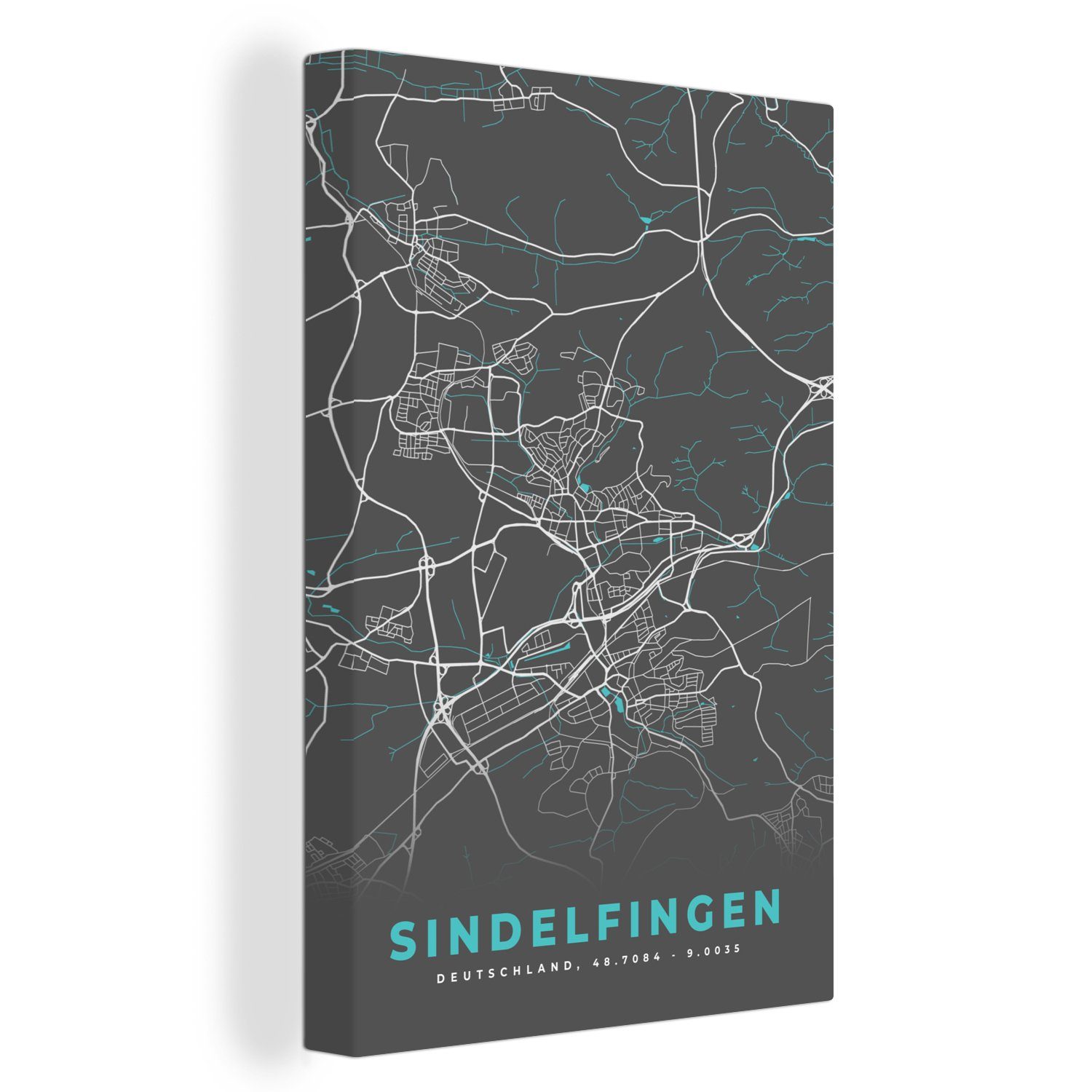 Leinwandbild Stadtplan Gemälde, (1 bespannt cm Sindelfingen Deutschland inkl. - St), OneMillionCanvasses® Blau fertig - 20x30 Leinwandbild Karte, Zackenaufhänger, - -