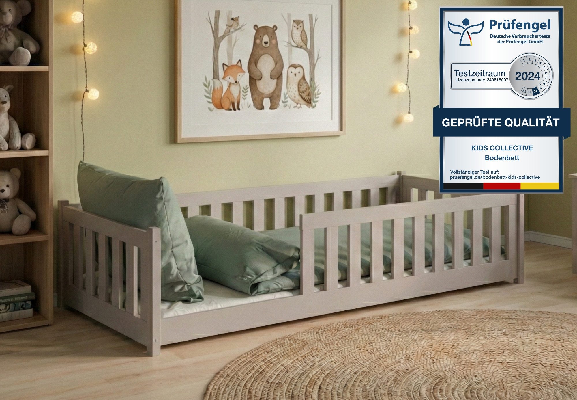 Kids Collective Kinderbett Bodenbett Bett mit Rausfallschutz & Lattenrost Montessori Bett Kinder (Jungen, Mädchen, Kinder, weitere Größen 80x160, 80x180, 90x200, 120x200, 140x200 cm), Jugendbett Gitterbett Einzelbett mit Matratze, Kaschmir 90x190 cm