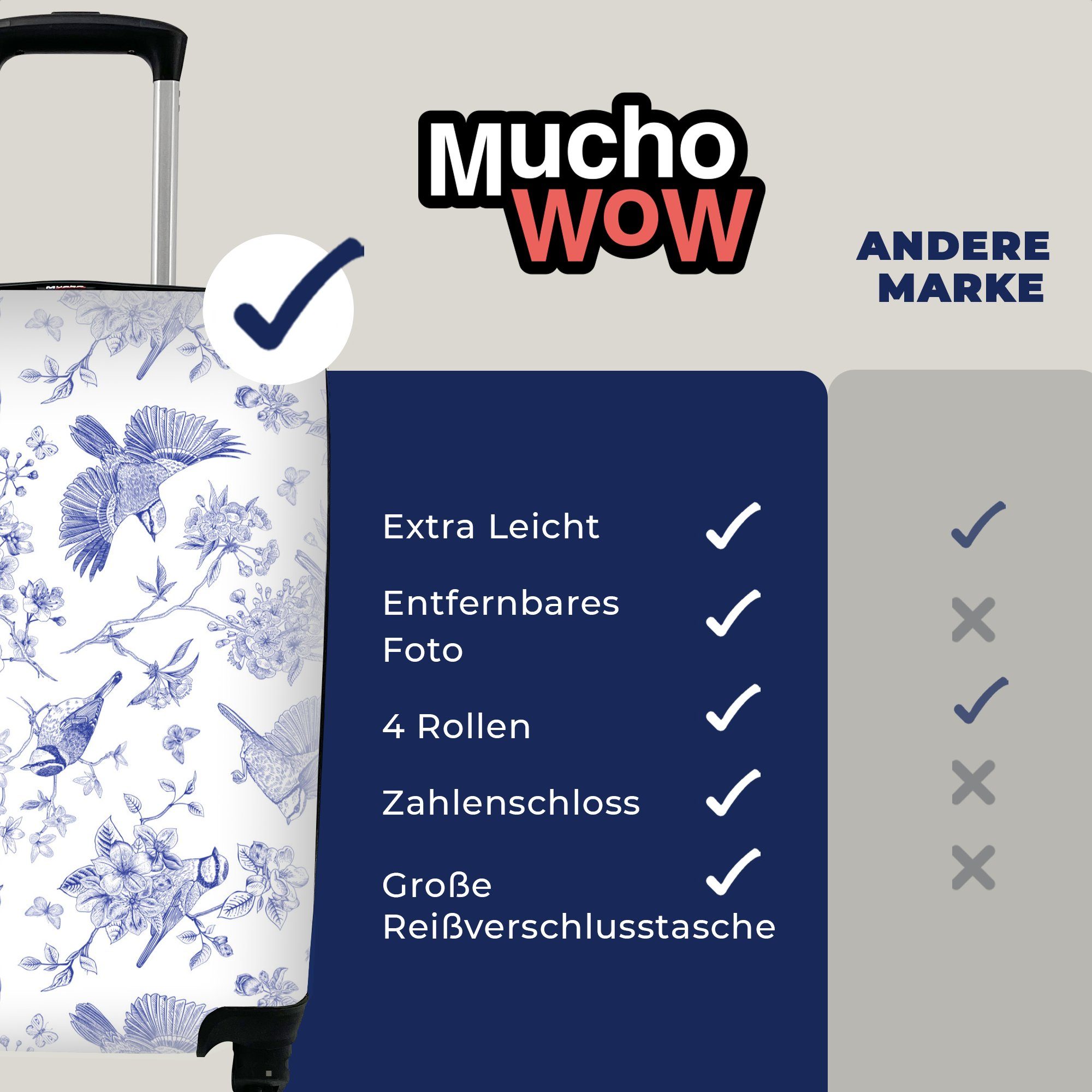 - 4 Vogel Blumen Reisekoffer Ferien, für Handgepäck Vintage Blau, mit - rollen, Reisetasche - Rollen, Trolley, Handgepäckkoffer MuchoWow