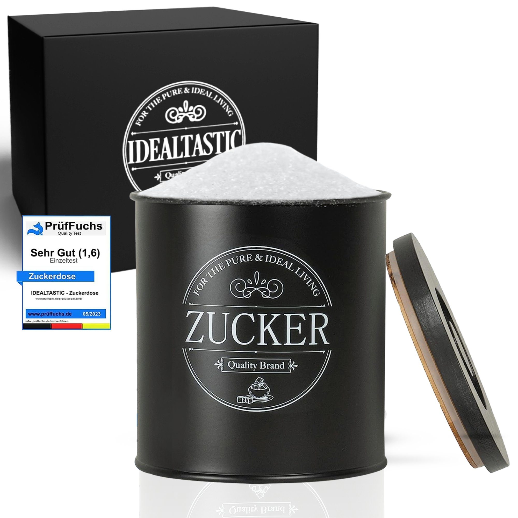 IDEALTASTIC Zuckerdose Premium schwarz 500g mit luftdichtem Verschluss Klumpen freien Zucker, Stahl, Robuster Zucker Behälter mit zeitsparendem Deckel Lebensmittelgeprüft