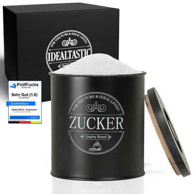 IDEALTASTIC Zuckerdose Premium schwarz 500g mit luftdichtem Verschluss Klumpen freien Zucker, Stahl, Robuster Zucker Behälter mit zeitsparendem Deckel Lebensmittelgeprüft