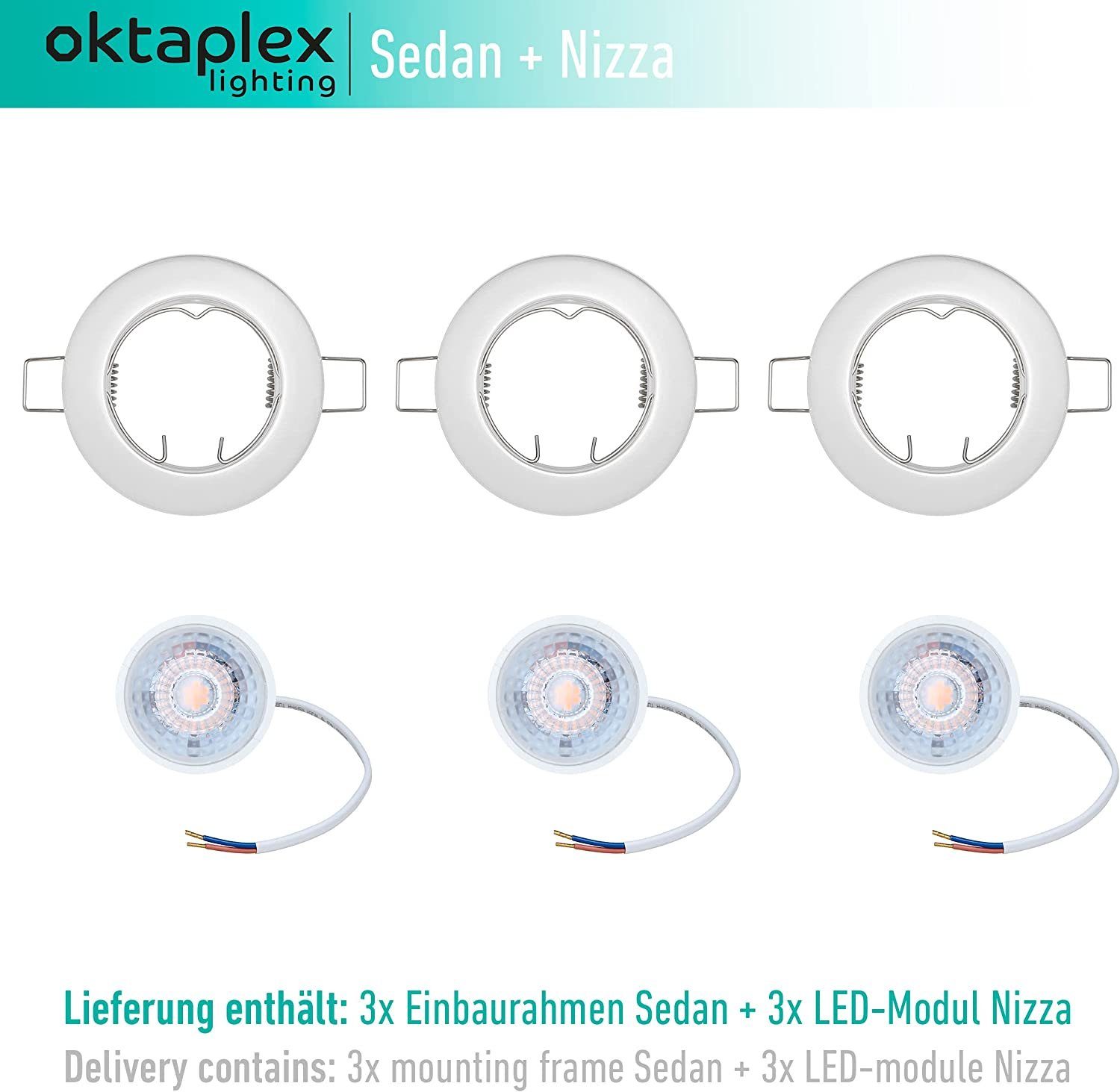 Oktaplex lighting LED Einbaustrahler Kelvin wechselbar, 4,8W 230V LED 380 Lumen, 3er flach, weiß flach Set inkl. sehr Leuchtmittel 3000 Deckenspot LED warmweiß, Module