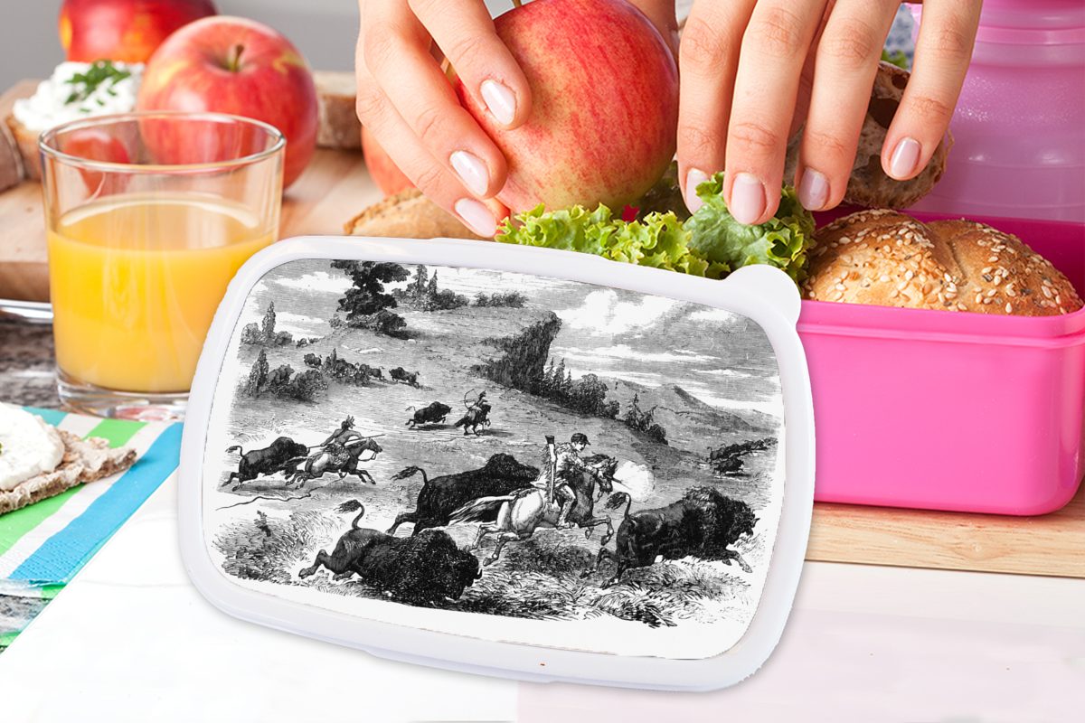 MuchoWow Lunchbox Eine Illustration Mädchen, der rosa Kinder, Brotdose Bisonjagd, Kunststoff Snackbox, Brotbox Kunststoff, (2-tlg), für Erwachsene