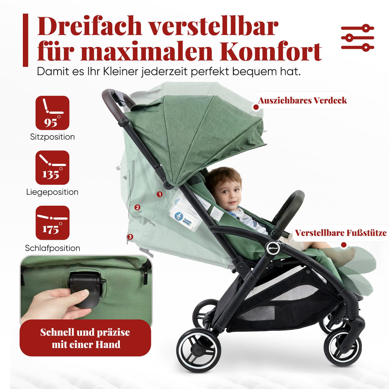 Sekey Kinder-Buggy mit Regenschutz, 3-fach verstellbar Reise Kinderwagen für Flugzeug, Einhand-Faltmechanismus, 4-Rad-Federung, 5-Punkt-Gurt, Sichtfenster