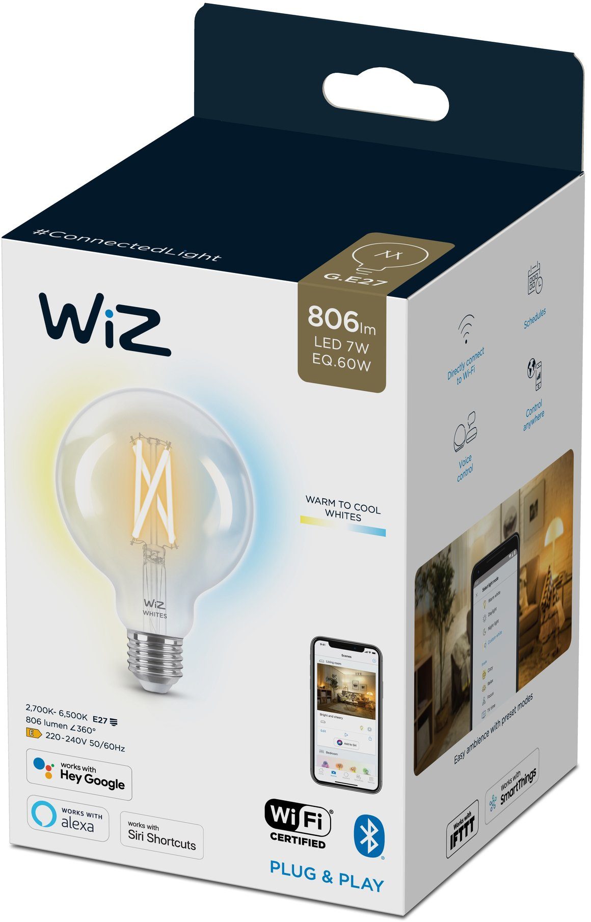 WiZ LED-Filament Filament 60W E27 Globeform G95 Clear Einzelpack, E27, 1 St., Warmweiß, Wiz Tunable White Filament LED Lampen für klassisches Vintage-Design