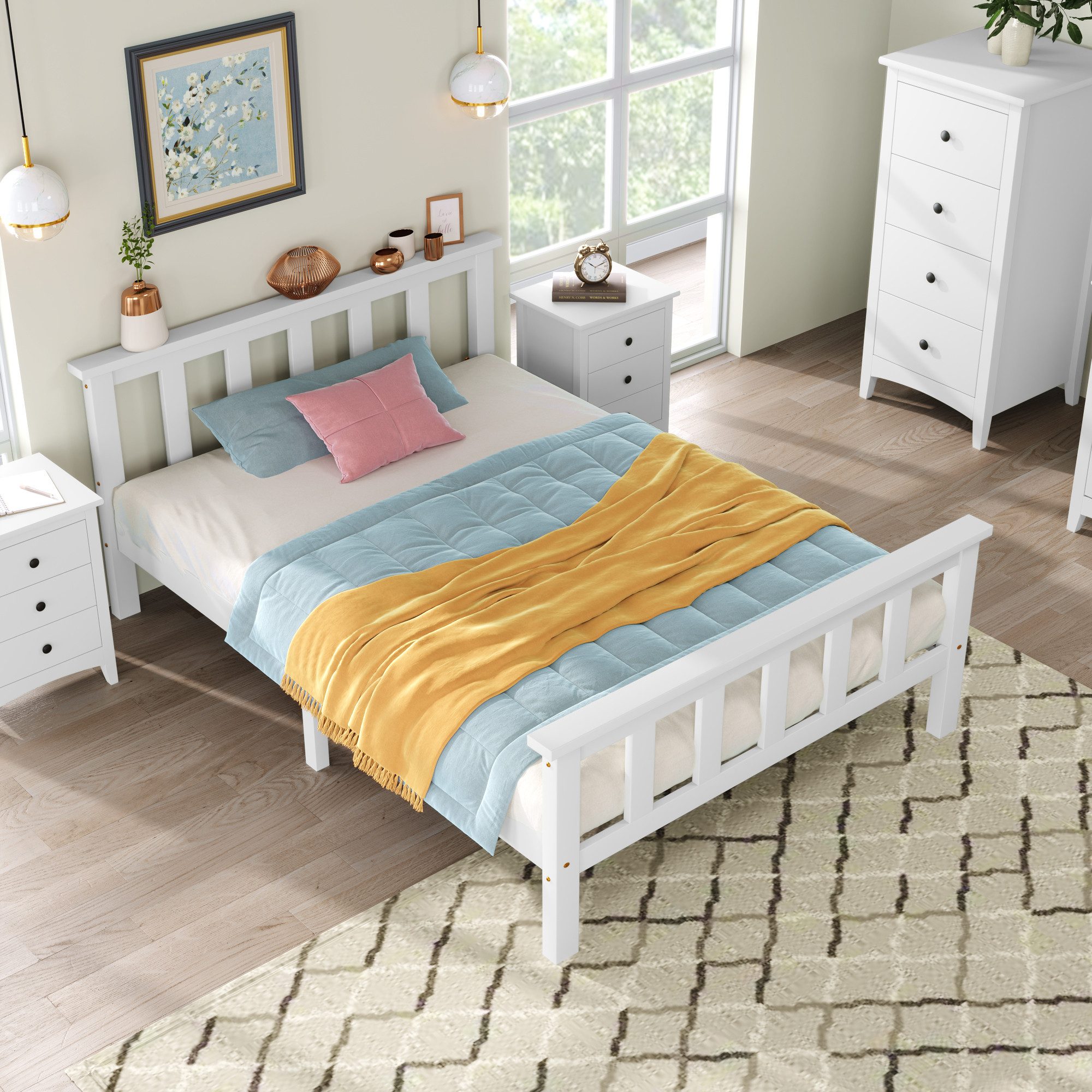 Welltin Holzbett Massivholzbett Holzbett mit Lattenrost Kopfteil Weiß (1-tlg), Doppelbett Bettgestell Bett Holz Kiefer
