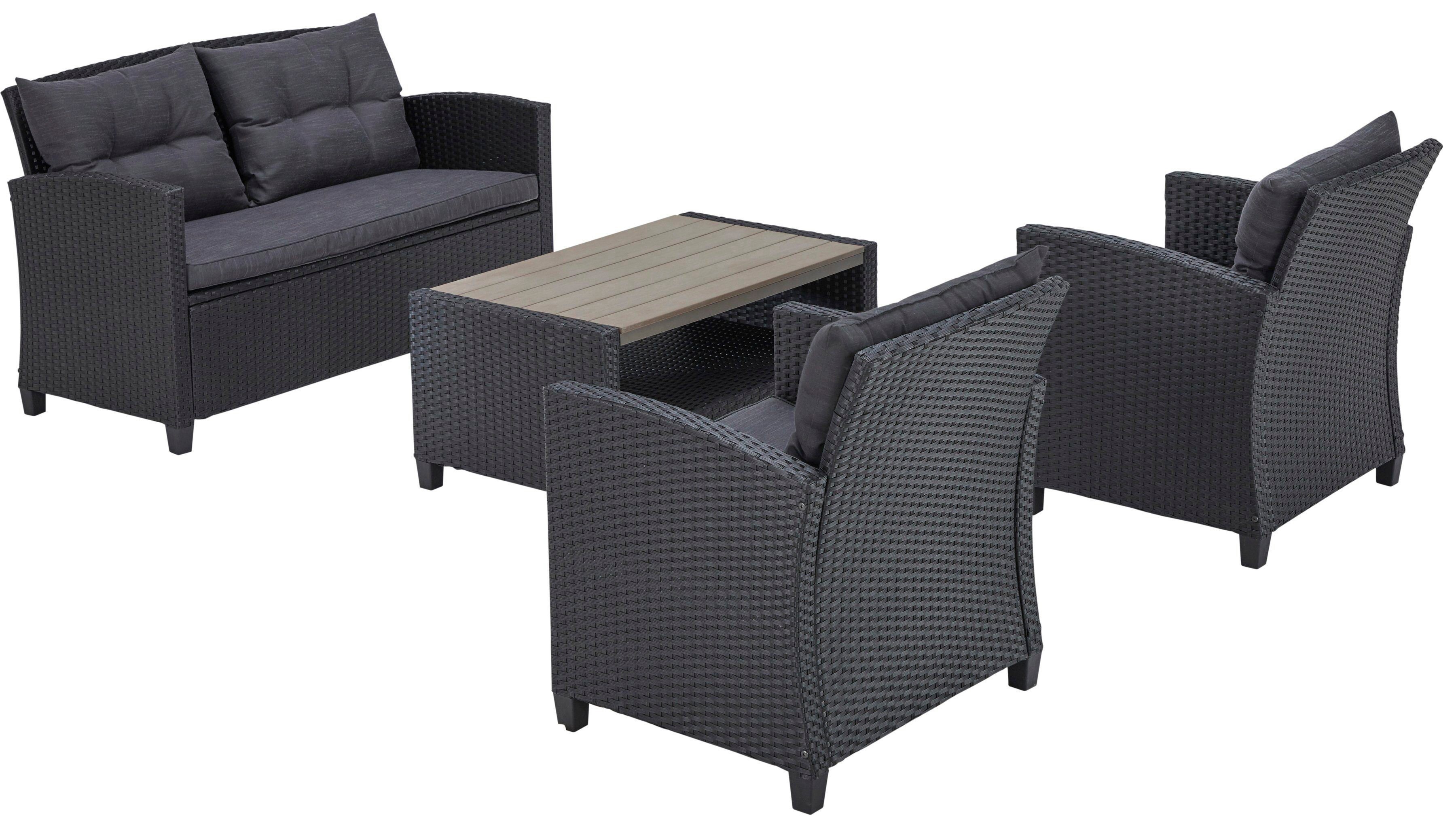 KONIFERA Gartenlounge-Set St. Tropez, (Set, 11-tlg., 1x2er Sofa, 2x Sessel,1x Tisch 90x55x42,5cm, inkl. Auflagen), Polyrattan, Stahl, Ablage unter dem Tisch, Balkonset, Loungeset