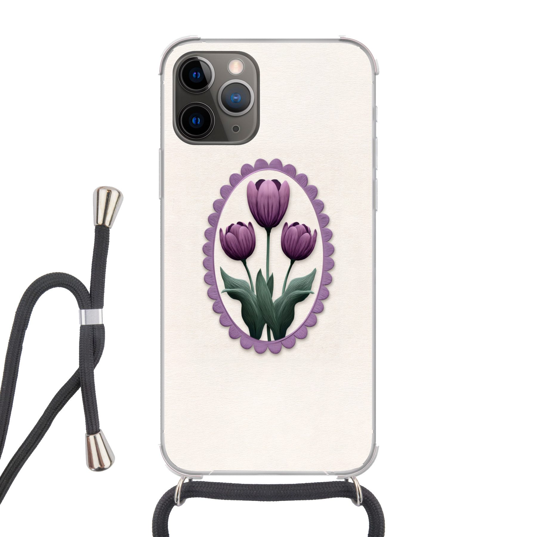 MuchoWow Handyhülle für Apple iPhone 13 Pro Max Tulpen - Lila - Liste - Blätter, Tragbare Handyhüllen mit Kette zum umhängen, Handykette Handyband
