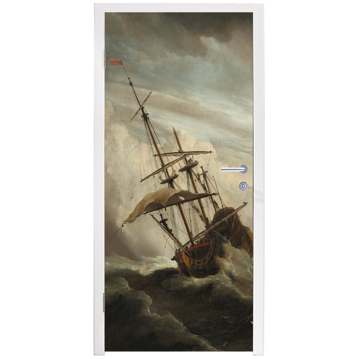von Türtapete Matt, während auf offener bedruckt, cm Gemälde MuchoWow Willem, Türaufkleber, See Schiff Ein für Fototapete Tür, 75x205 eines (1 Sturms St), -