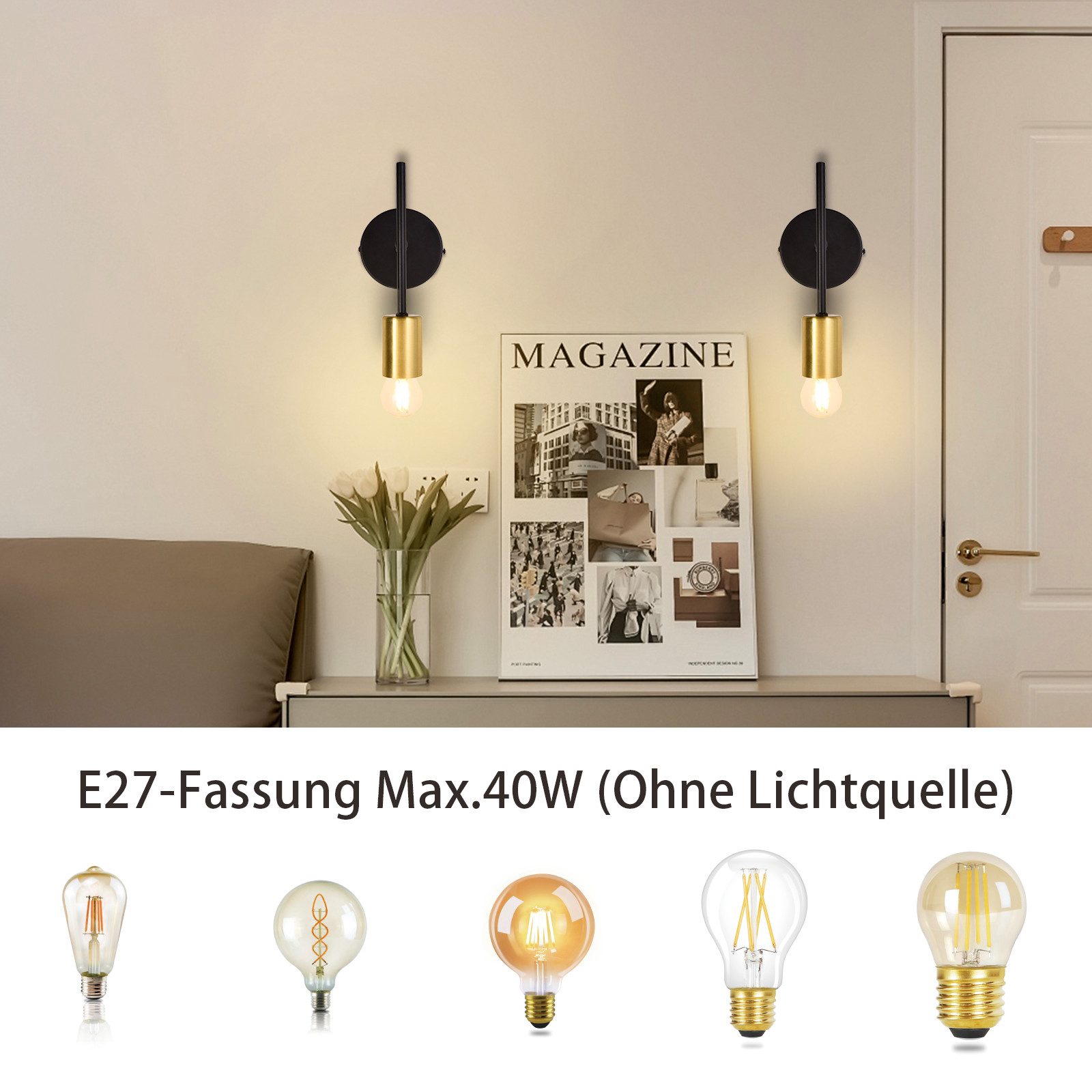 Nettlife Wandleuchte Wandleuchte 2ER Vintage Schwarz E27 Treppenhaus, ohne Leuchtmittel, Flurlampe Retro Wandbeleuchtung für Küche Schlafzimmer