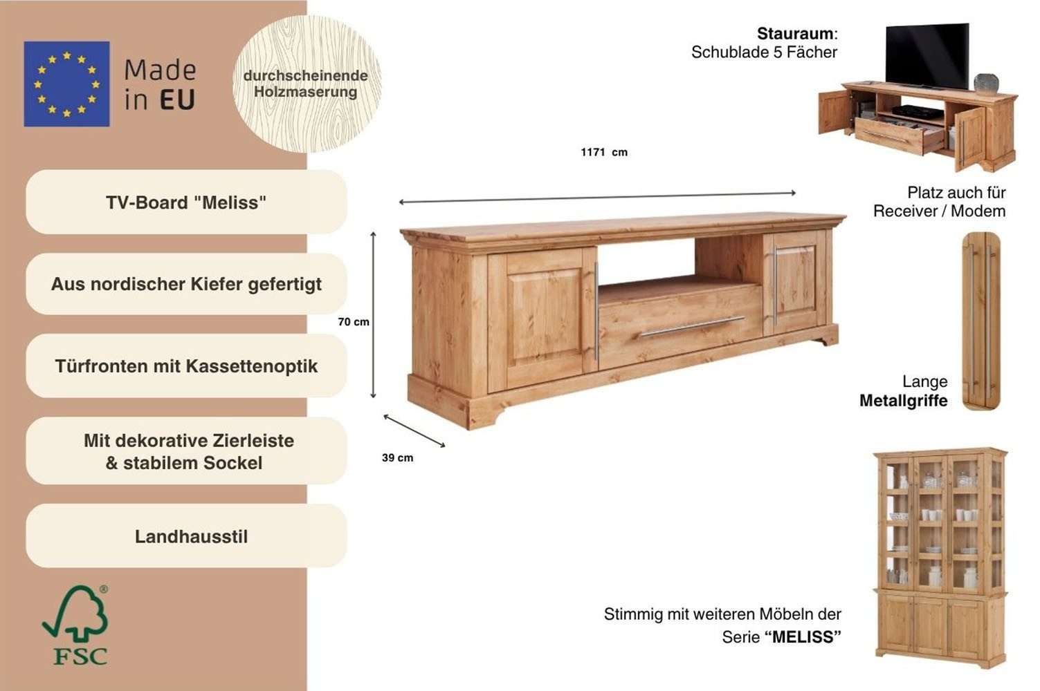 OTTO home TV-Board Melissa, Lowboard, 2-türig, Breite 171 cm, Kiefer massiv, FSC®