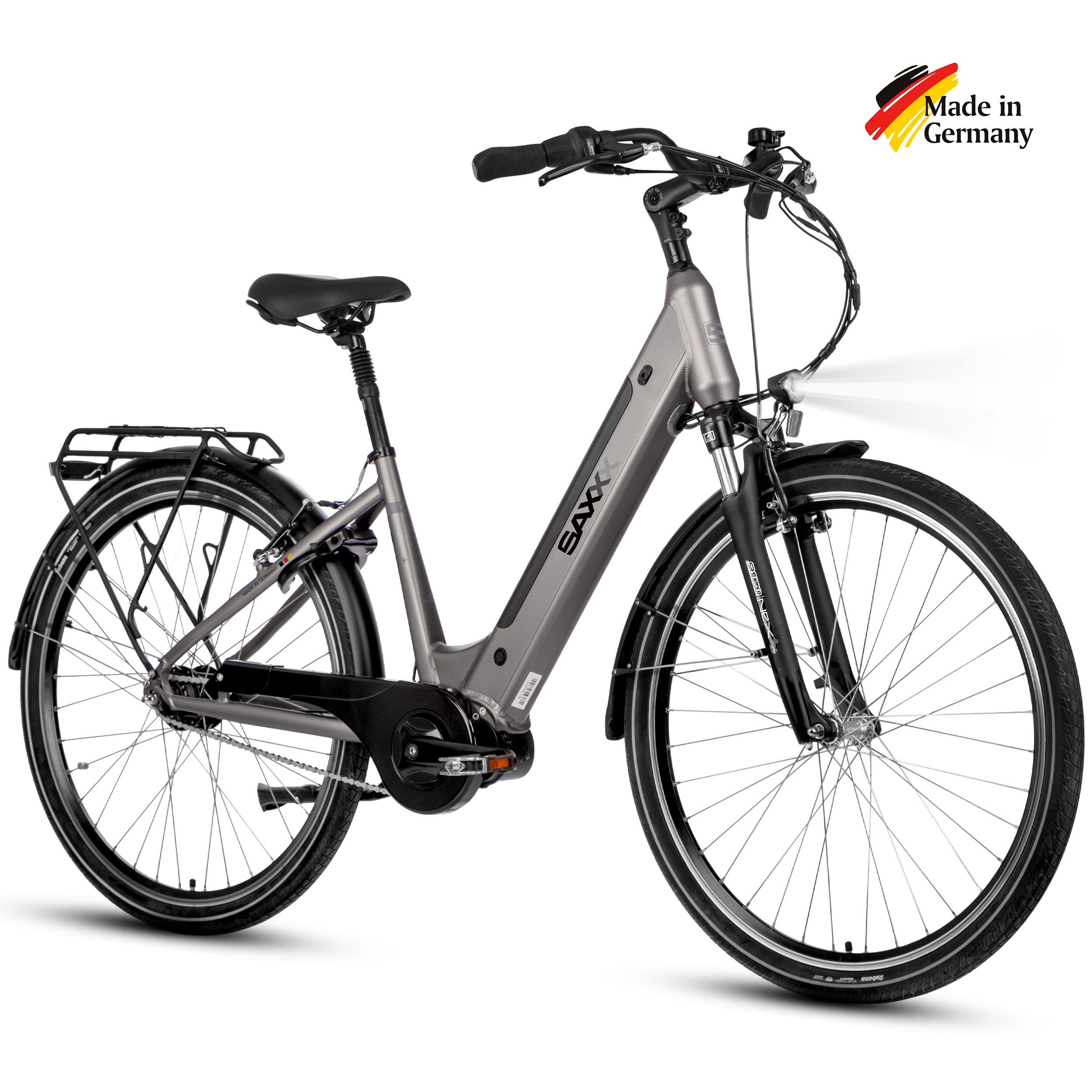 SAXXX E-Bike Cityrad Damen&Herren 28'' Optimum Plus Wave Cityrad, max. 100km, 7 Gang Shimano Nexus Schaltwerk, Nabenschaltung, Mittelmotor, 418 Wh, (mit Akku-Schlüssel, mit Rahmenschloss), abnehmbarer Akuu, Federgabel, V-Bremse, Pedelec mit Gepäckträger