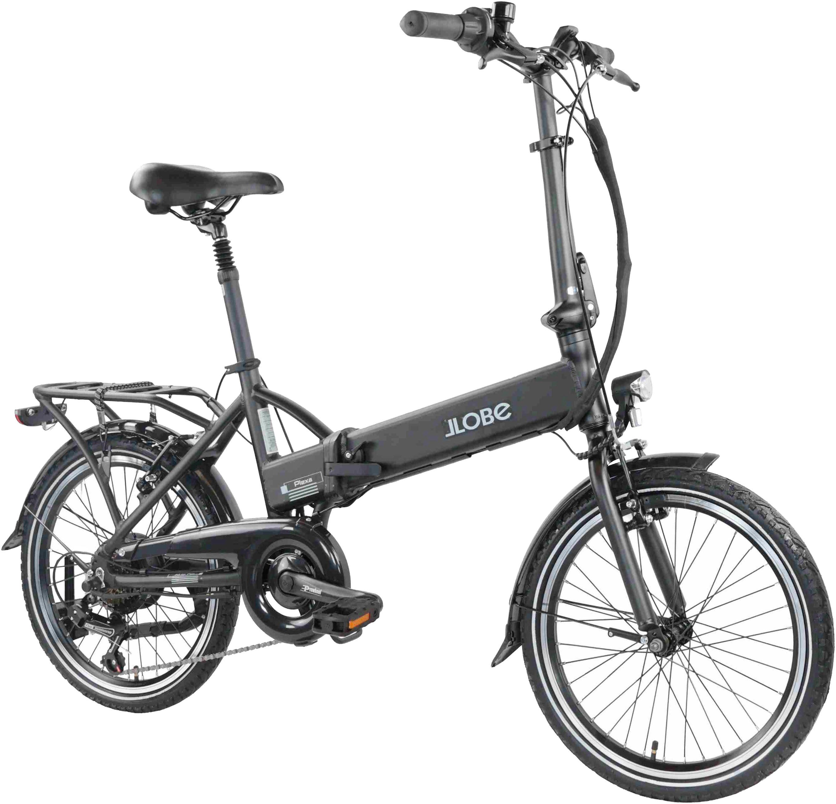 LLobe E-Bike Klapprad Falt E-Bike 20" Plexa, 6 Gang Shimano Tourney Schaltwerk, Kettenschaltung, Heckmotor, 280,14 Wh