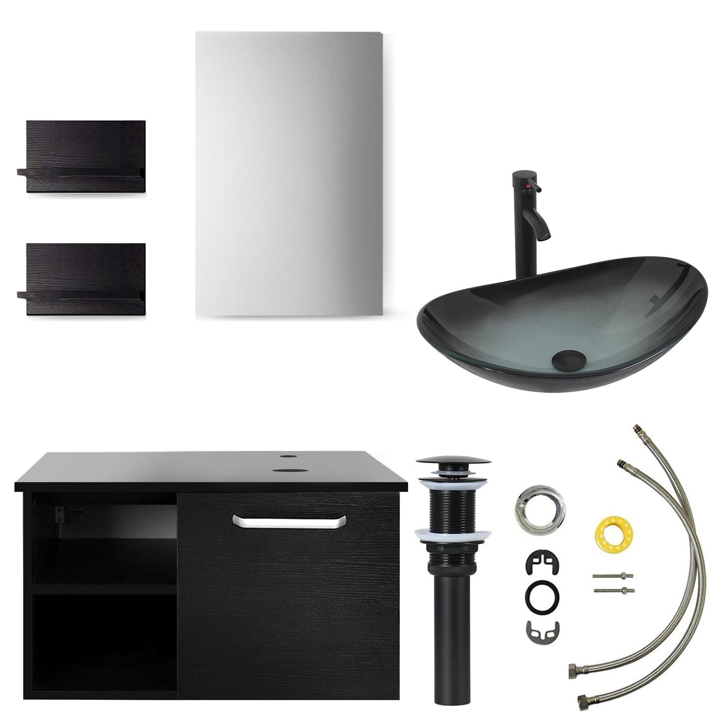 Puluomis Badezimmer-Set mit Spiegel, Badezimmerschrank mit 2 Regale ohne/mit Waschbecken Set