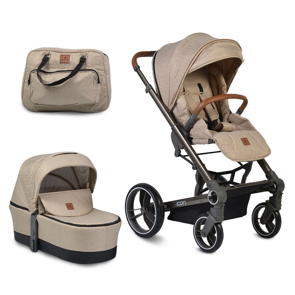 Cangaroo Kombi-Kinderwagen Kombikinderwagen Icon 2 in 1, Sportsitz Babywanne Wickeltasche PU-Räder beige