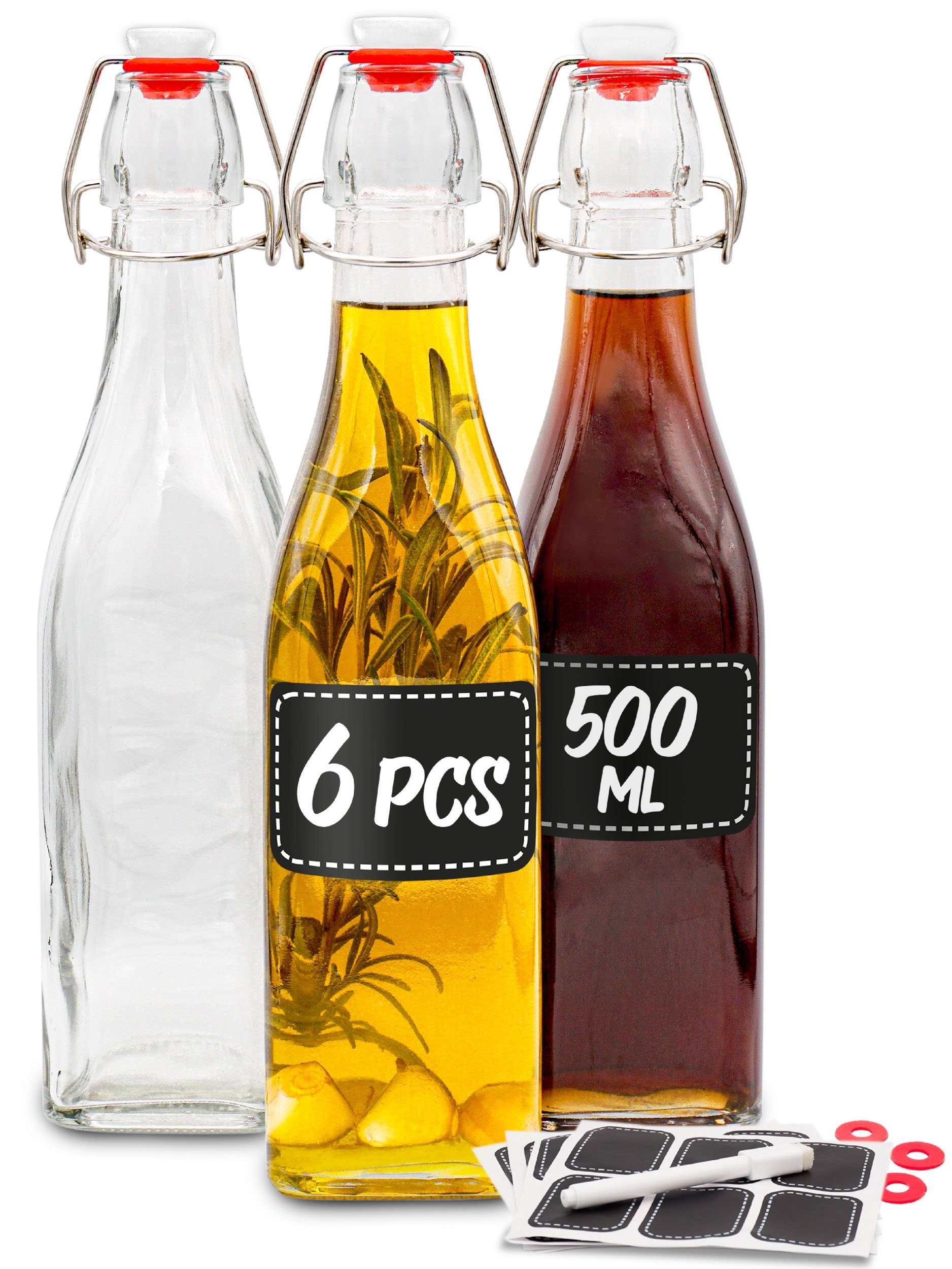 Praknu Trinkflasche 6 Glasflaschen Eckig 500ml, Bügelverschluss Eckig - 6 Etiketten mit Stift und 6 Extra Dichtungen