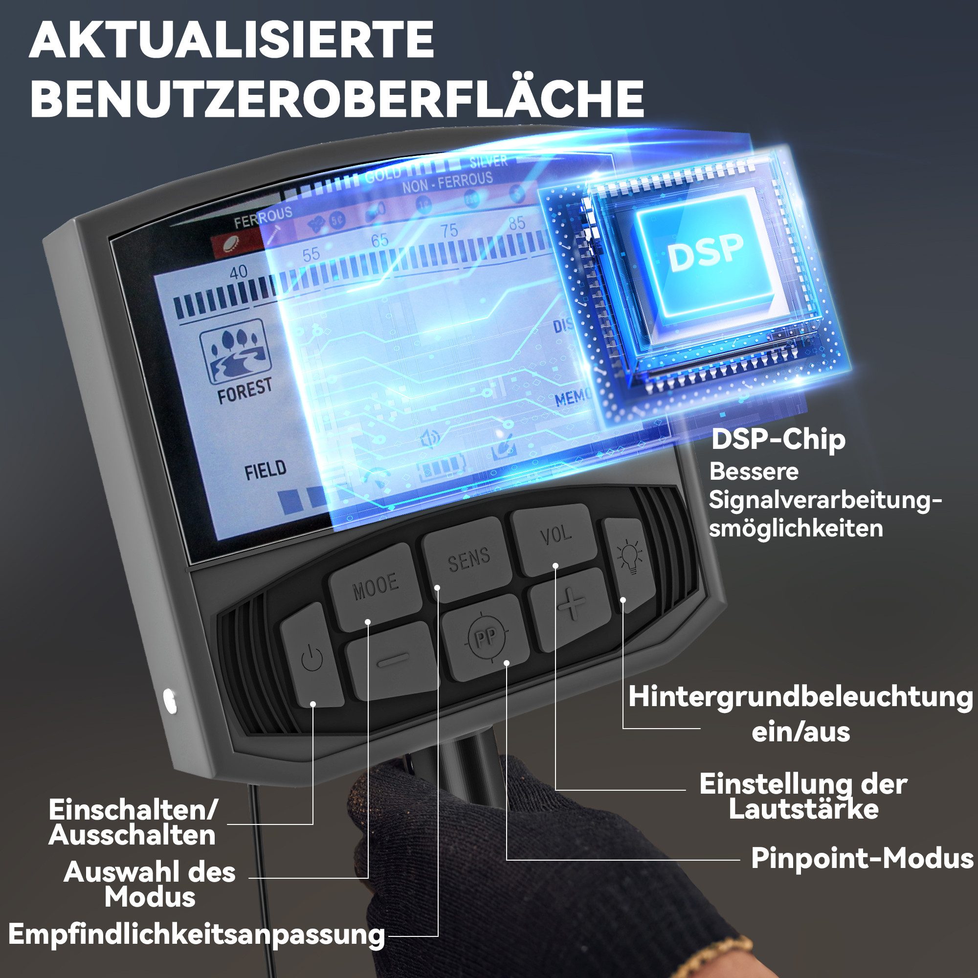 Outsunny Metalldetektor 5 Modi Tragbar mit Alarm Spule LCD-Display, IP68 Wasserdichter, für Hunt, Relikte, Dunkelgrau – Bild 5 von 5