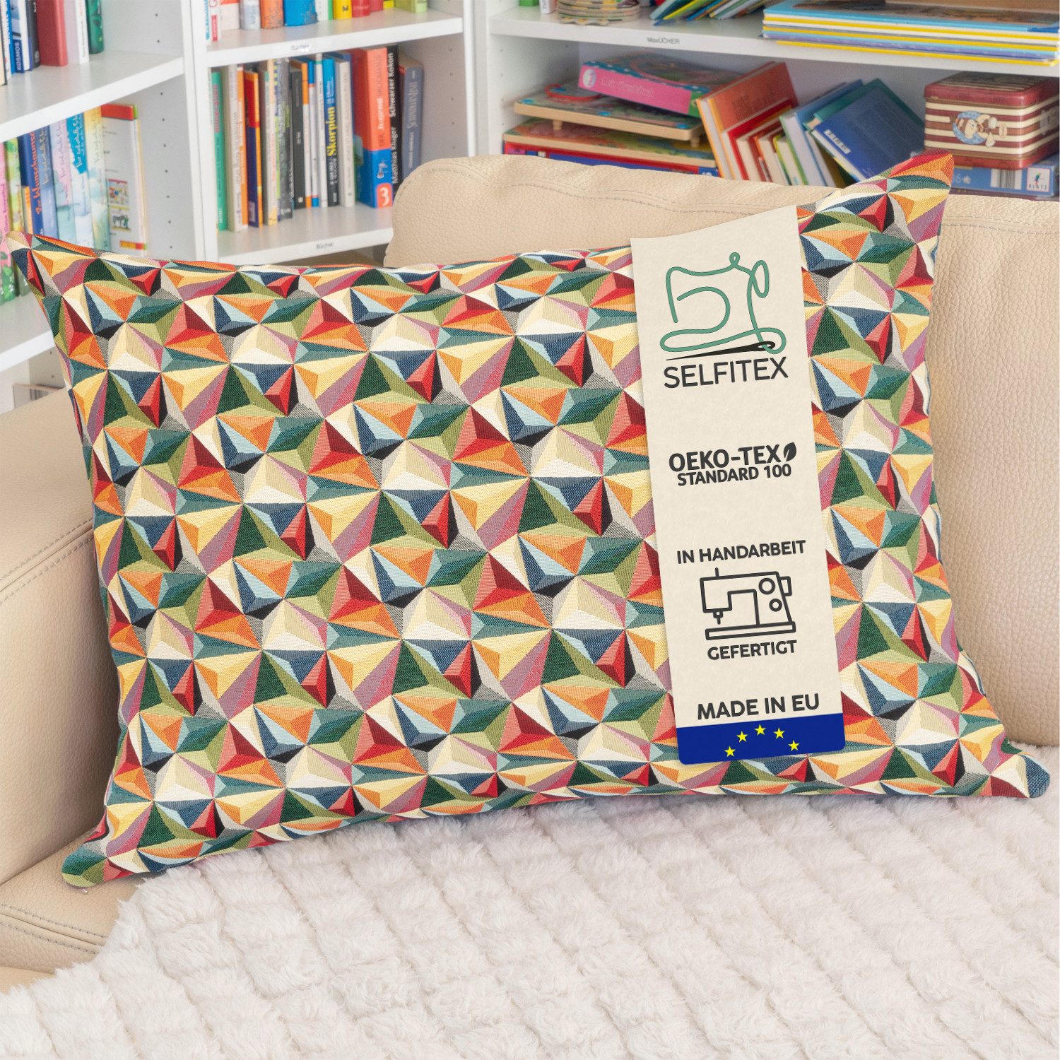 Selfitex Dekokissen XXL 60x80, inkl. Füllkissen, bunter Gobelin-Stoff, Sofakissen aus einer Baumwollmischung, für Bett und Couch.