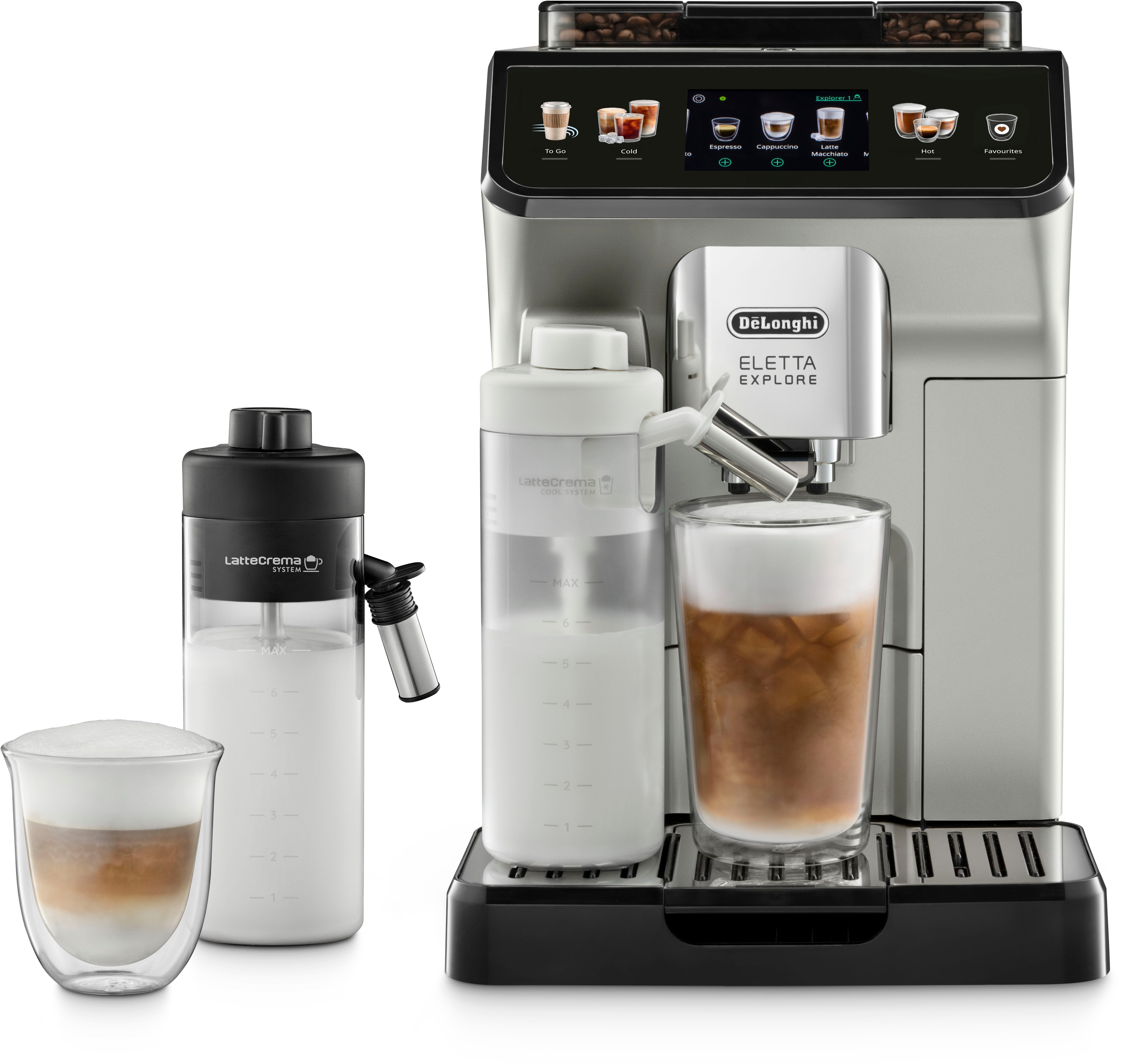 De'Longhi Kaffeevollautomat Eletta Explore ECAM450.55.S - 40 Rezepte, heißer & kalter Milchschaum, 3,5" Touch-Display, herausnehmbare Brühgruppe, einstellbarer Mahlgrad