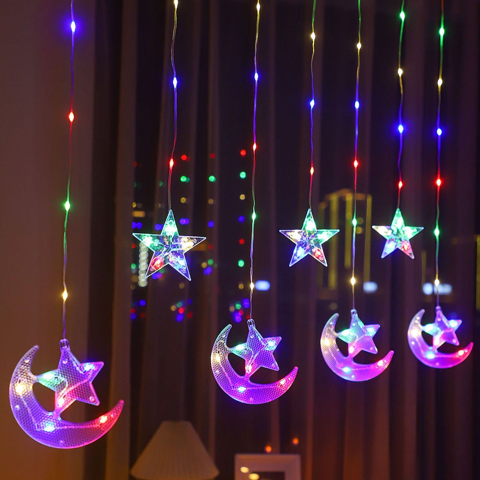 Rosnek LED-Lichtervorhang 2.3M, batterie, Zelt Mond Camping Schlafzimmer Party Weihnachten, Ramadan Multicolor mit für Stern