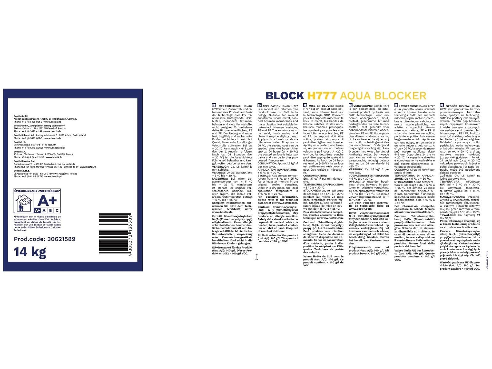 BOSTIK Dichtstoff Bostik Block H777 Hybrid Universalabdichtung Aqua Blocker 14Kg Eimer, gebrauchsfertig, UV-bestaändig