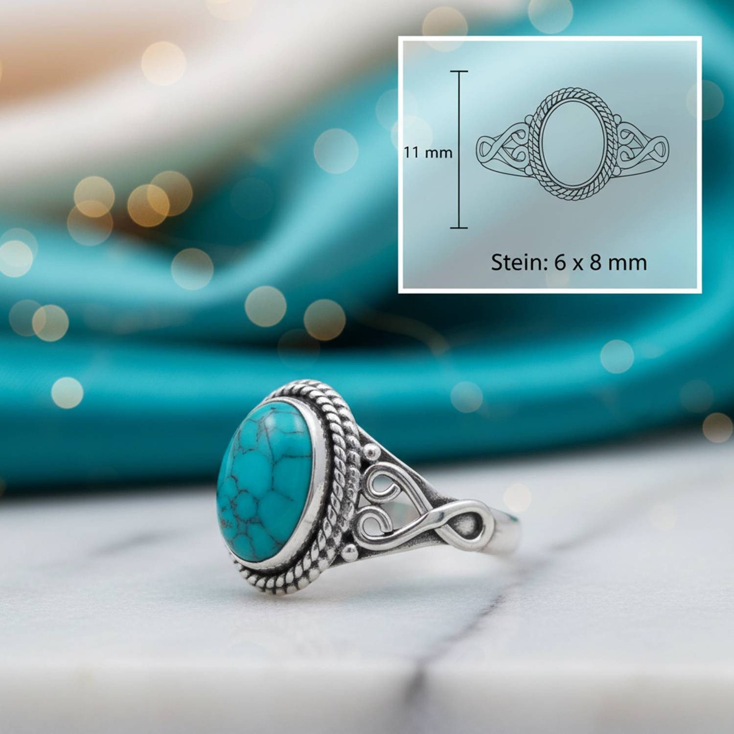 mantraroma Silberring BAGHIMI oval aus 925 Silber mit Türkis (Ring mit Schmuckbeutel), Damenring aus 925er Silber