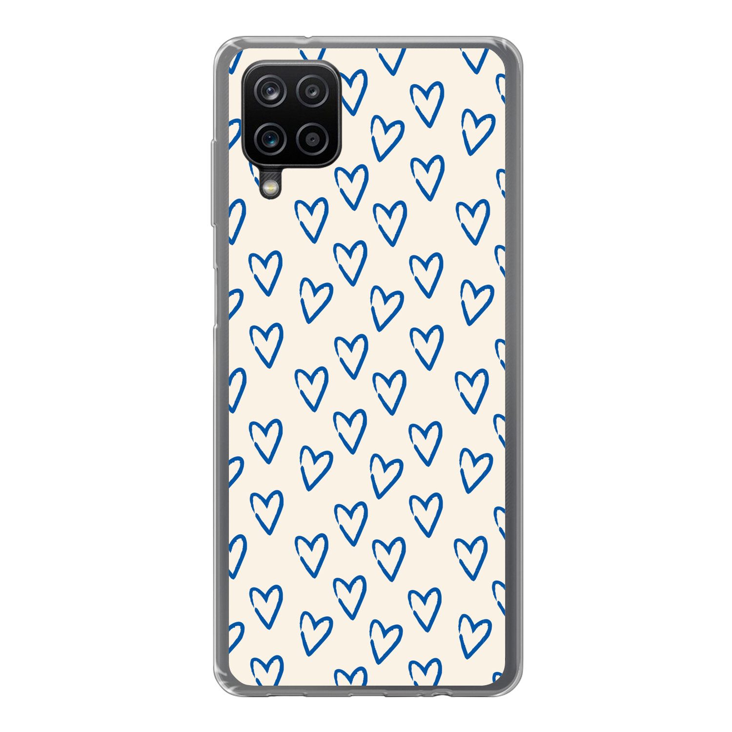 MuchoWow Handyhülle für Samsung Galaxy A12 Herzmuster - Blau - Beige - Liebe, Smartphone-Bumper, Print, Handy Schutzhülle Dünn