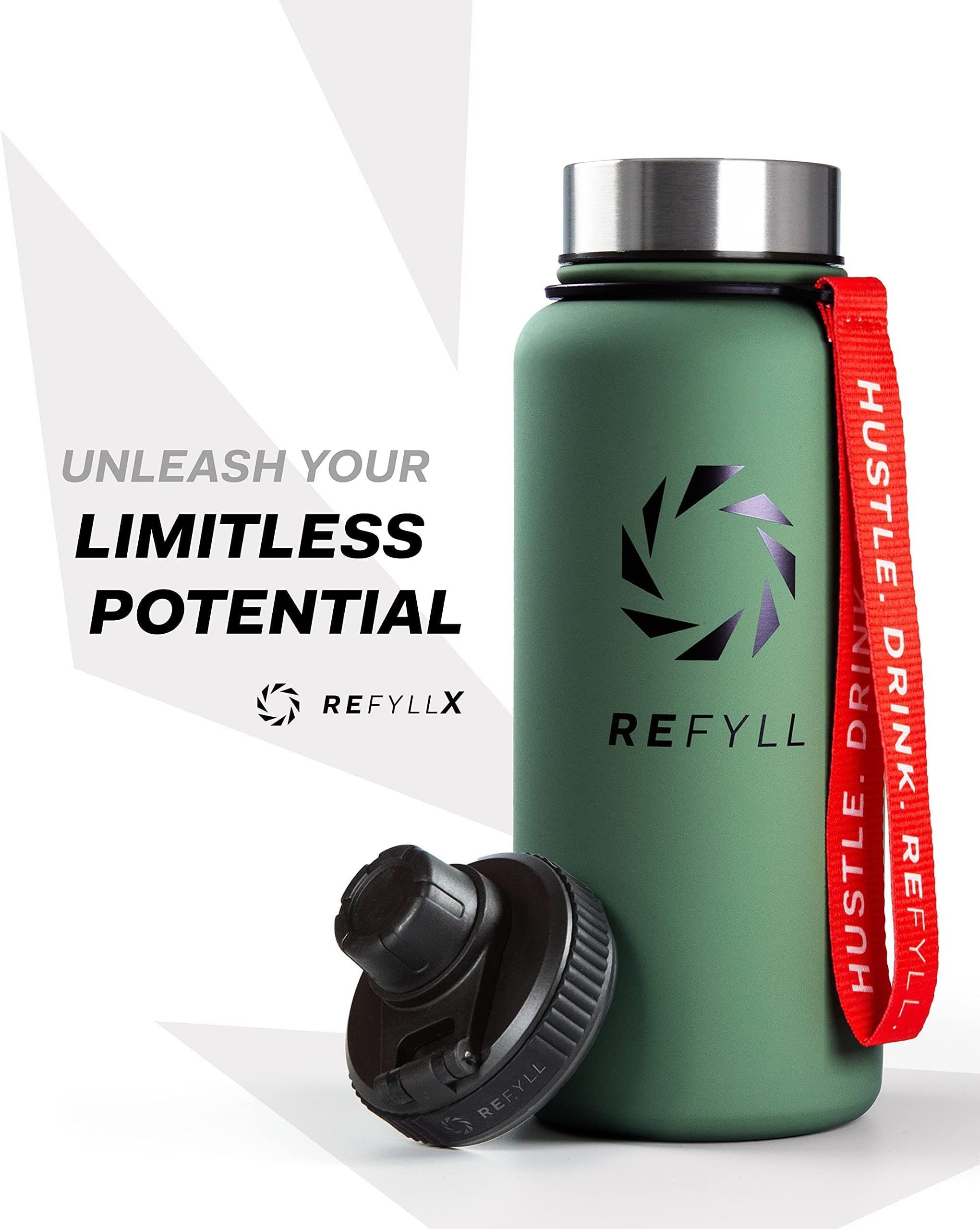 REFYLL Thermoflasche Isolierflasche "Power" 12H I 24H Thermo Doppelwandige 1000ml 1L 2 Fitness Trinkflasche Verschlüsse Green Heiß, Army - I - Kalt & Edelstahl Trinkflasche