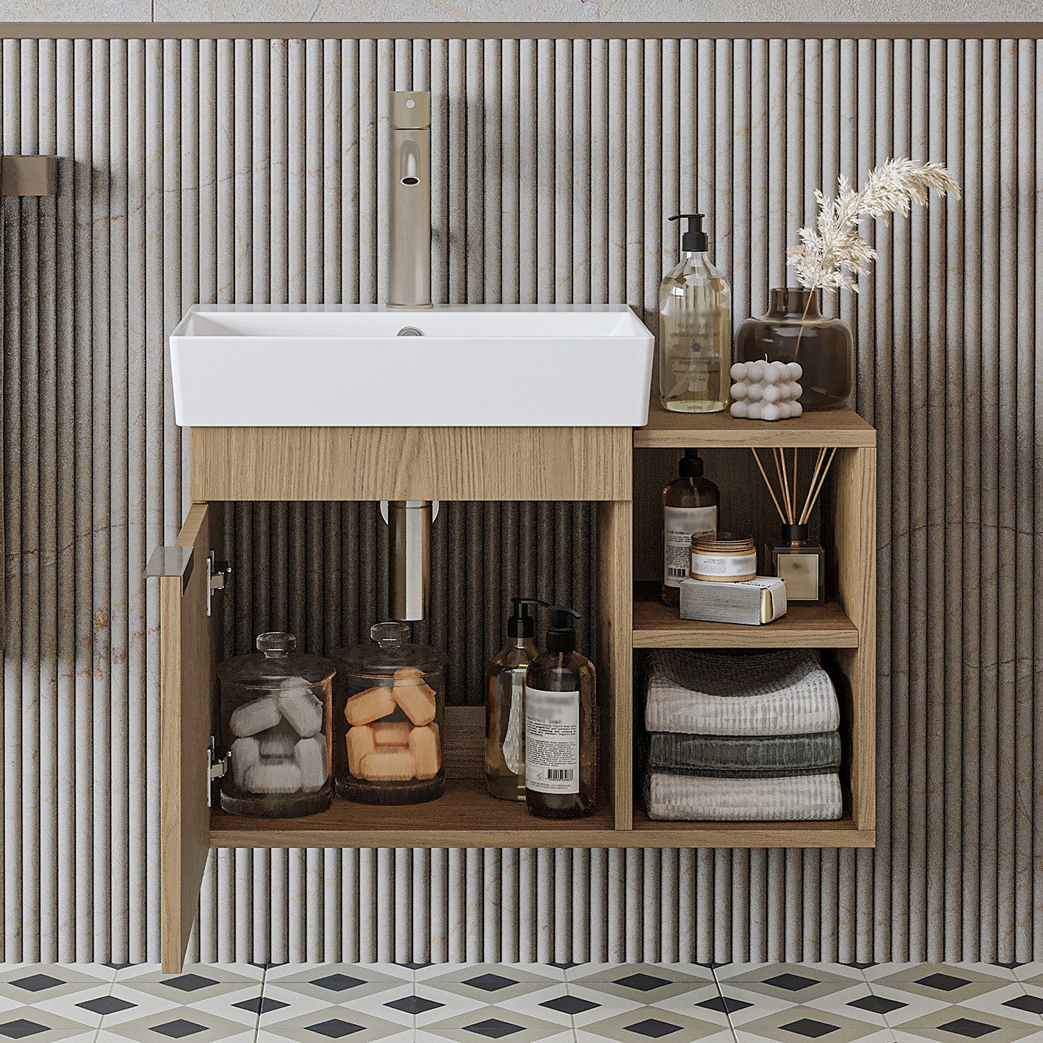 Roomart Badmöbel-Set LYCIA 72 cm 4-tlg., offenes Regal, Keramikbecken, 4 Farben, (Komplett-Set, Komplett-Set – Einzelteile auch separat erhältlich), Soft-Close-Türen, offene Regalsektionen, 32 cm tief, Keramikbecken