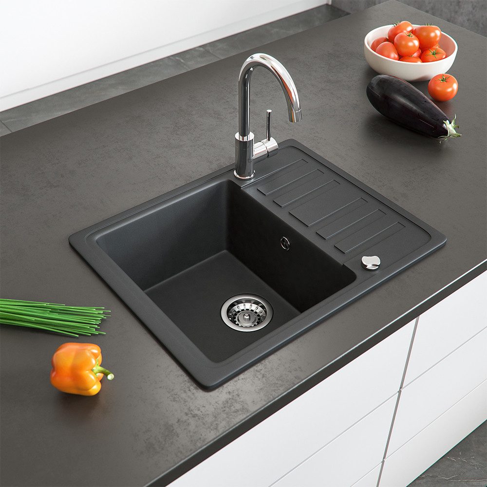 Bergstroem Granitspüle, Schwarz, 58 x 46 cm mit Trockenplatz, Rechteckig, 57.5/46 cm, beidseitig montierbar, (1 St)