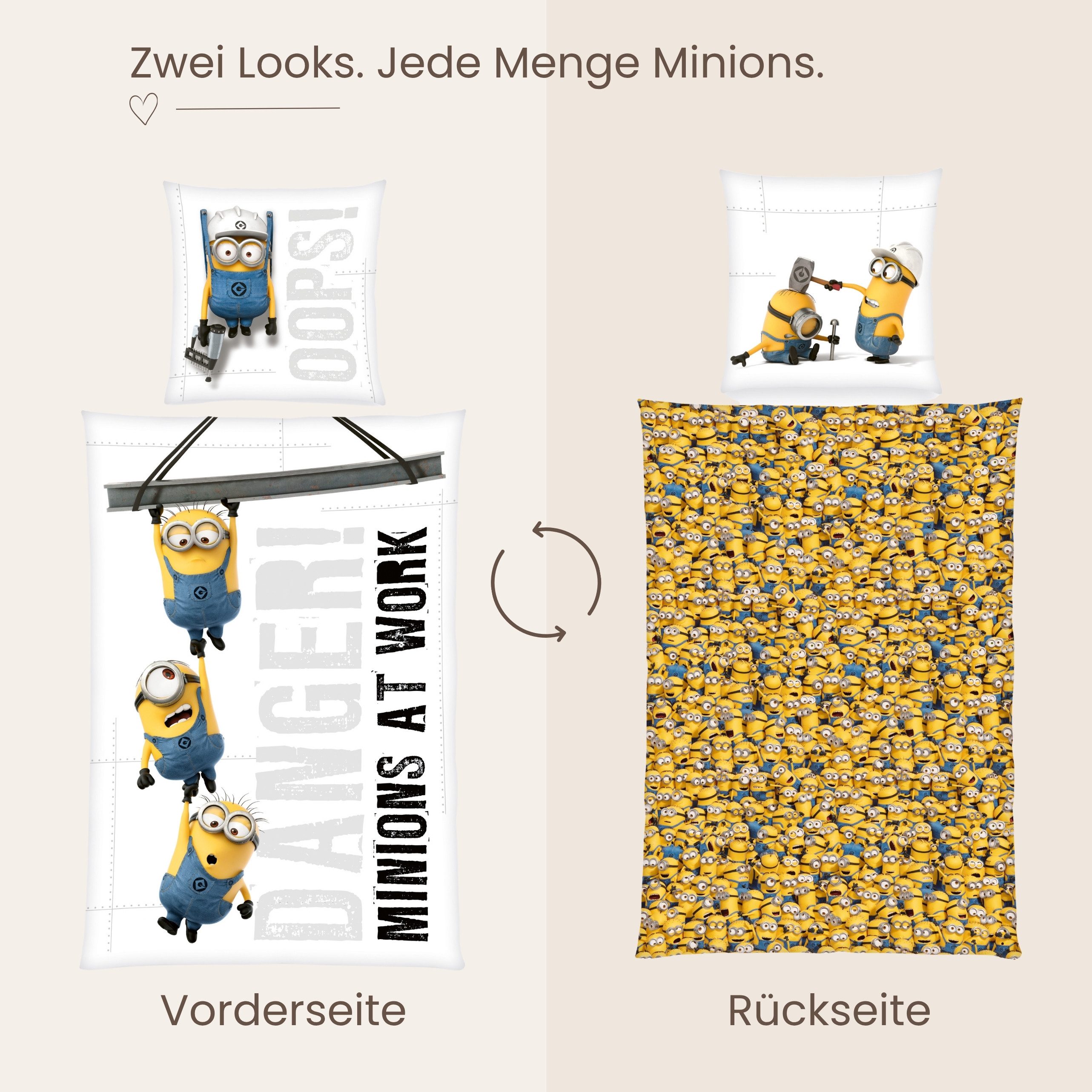 MTOnlinehandel Bettwäsche Minions 135x200 cm, Wendemotiv, Mikrofaser, 2 teilig, Kinderbettwäsche mit Kevin, Stuart und Bob – Bild 4 von 5