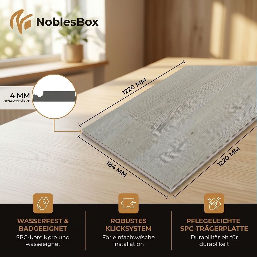 NoblesBox Designboden Klick Vinylboden SPC - Hartvinyl - 4+1mm Wasserfest - 1 mm Isolierung, Für Fußbodenheizung, Hochabriebfest & Klicksystem