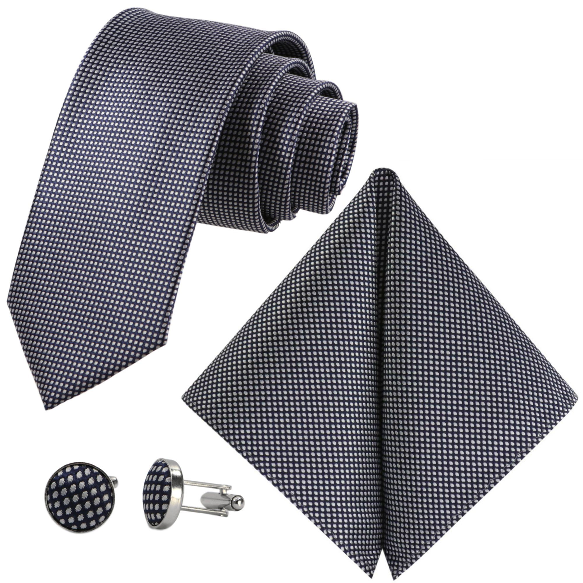 GASSANI Krawatte Hochzeitskrawatte Tuch Festlich Schmal, Karo Herren-Schlips Business (Set, 3-St., Krawattenset, mit Einstecktuch, Manschettenknöpfe) Kariert, Gepunktet, Punkte, Dots, Tupfen, Grid Struktur, Seide-Touch Stahlblau Dunkel-Blau Navy-Blau Nachtblau Schwarz-Blau Dunkles Blau Blau-Weiß