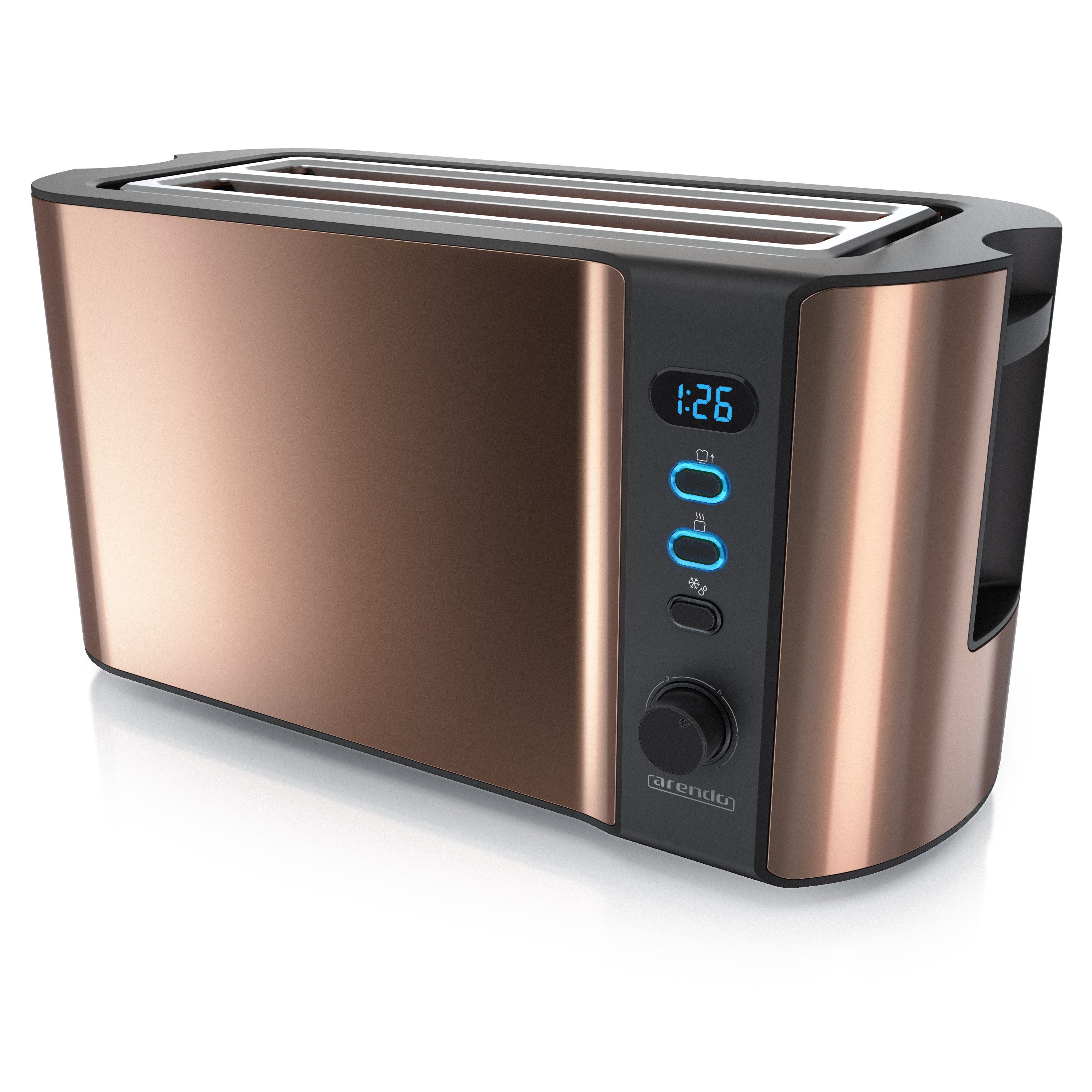 Arendo Toaster Langschlitz, Edelstahl, Display mit Restzeitanzeige, Krümelschublade, 2 lange Schlitze, für 4 Scheiben, 1500 W, Defrost Funktion, Wärmeisolierendes Gehäuse, mit Brötchenaufsatz