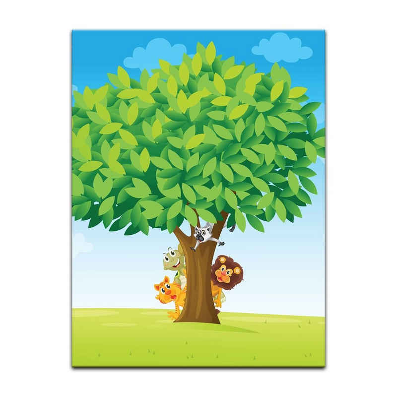 Bilderdepot24 Leinwandbild Kinderbild - Baum mit Tieren, Grafikdesign