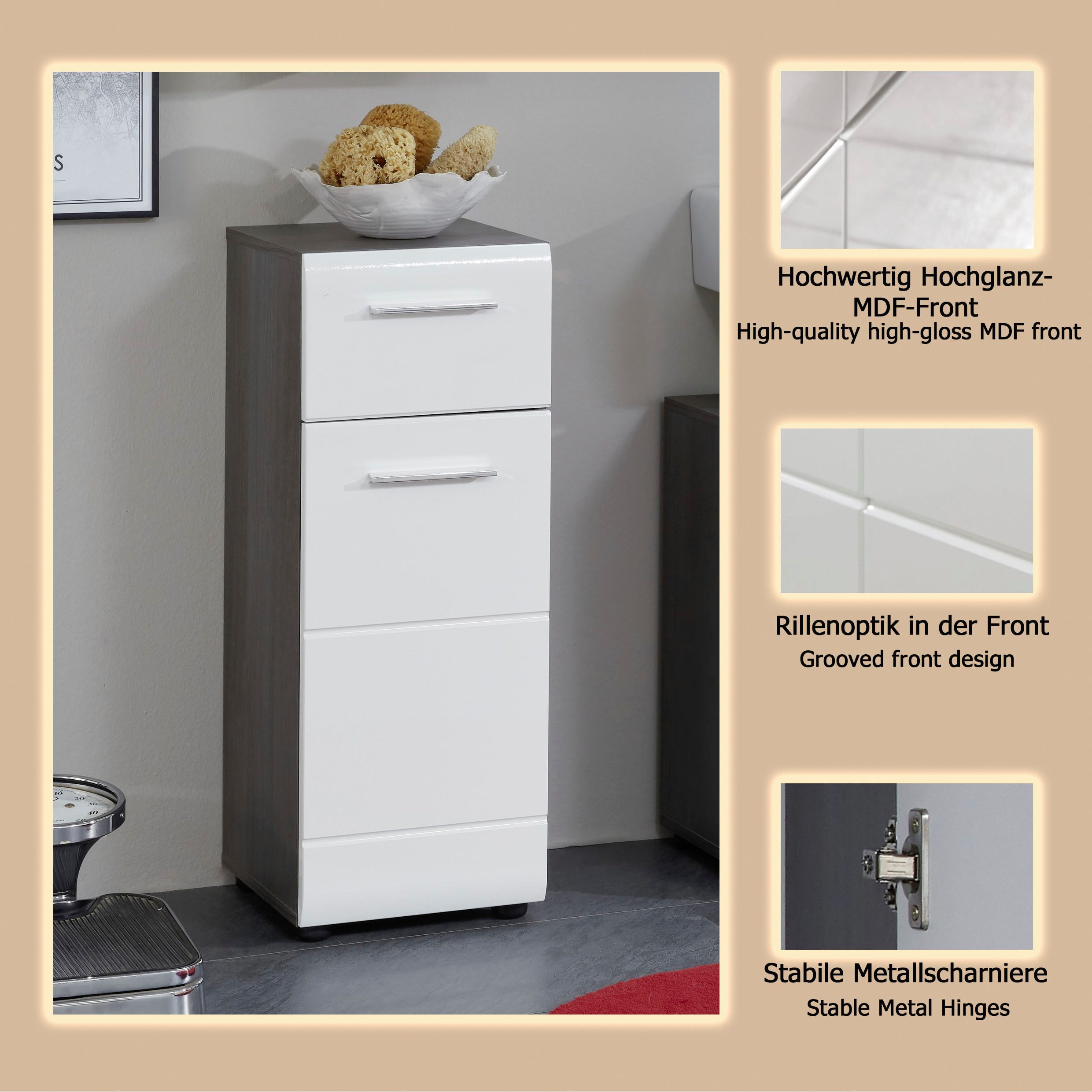welltime Unterschrank Sovana Badkommode mit Hochglanzfront und 1 Schublade - (B/T/H) 30/31/80 cm