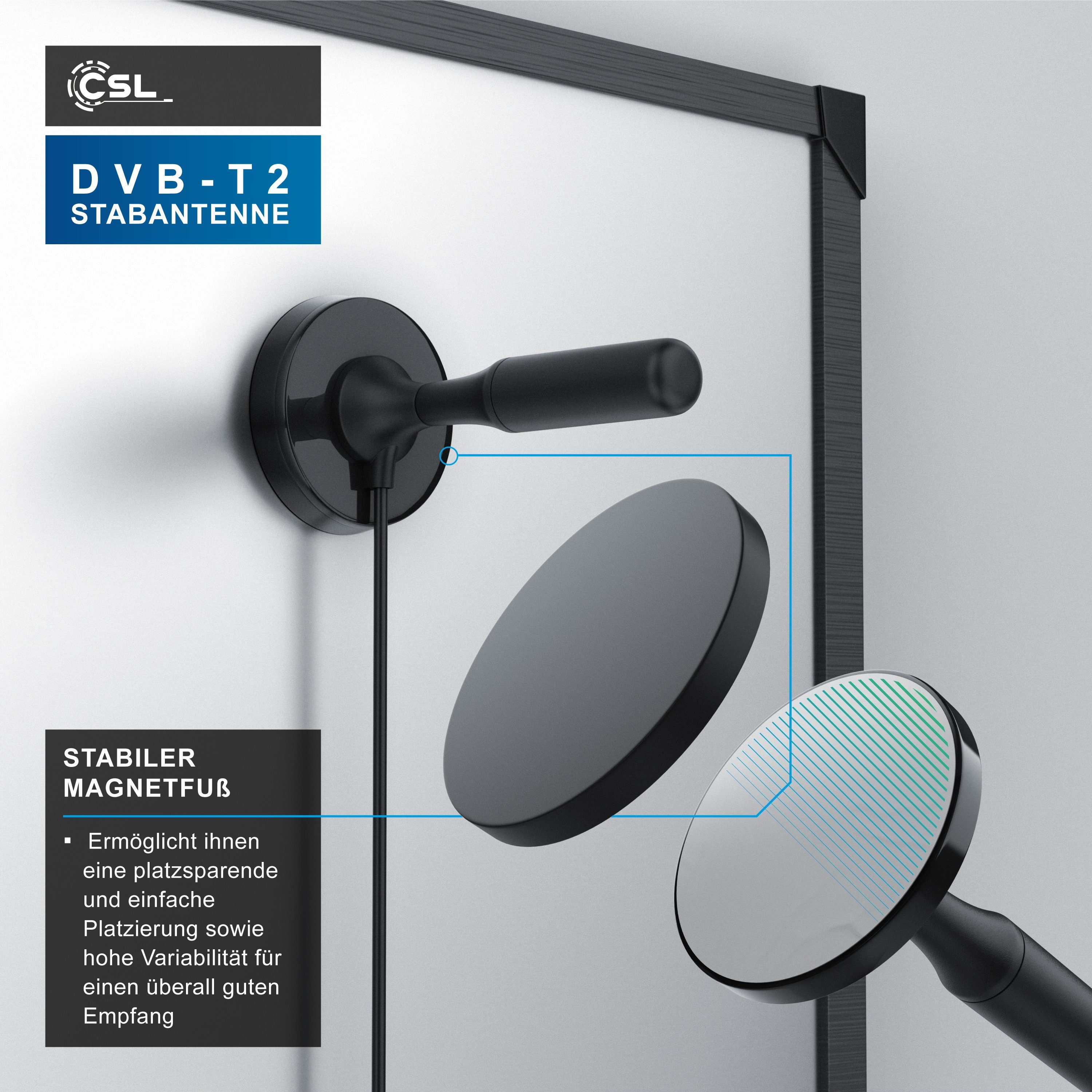 CSL digitale Antenne mit 4m Kabel / inkl. F-Stecker Adapter Stabantenne (DVB-T, DVB-T2, für Innenbereich), für DVB-T2, Fernseher und Receiver, flexibel platzier – Bild 4 von 5