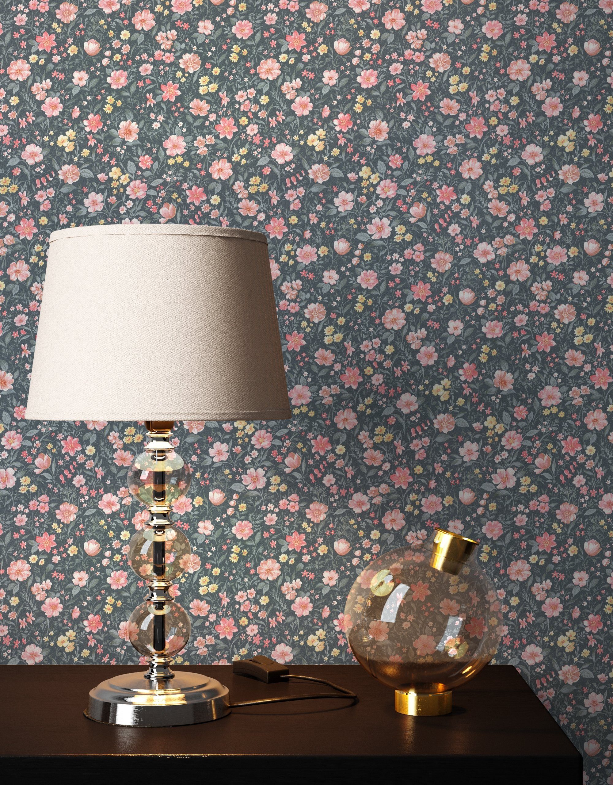 Newroom Vliestapete, Rosa Tapete Landhaus Blumen - Blumentapete Anthrazit B günstig online kaufen