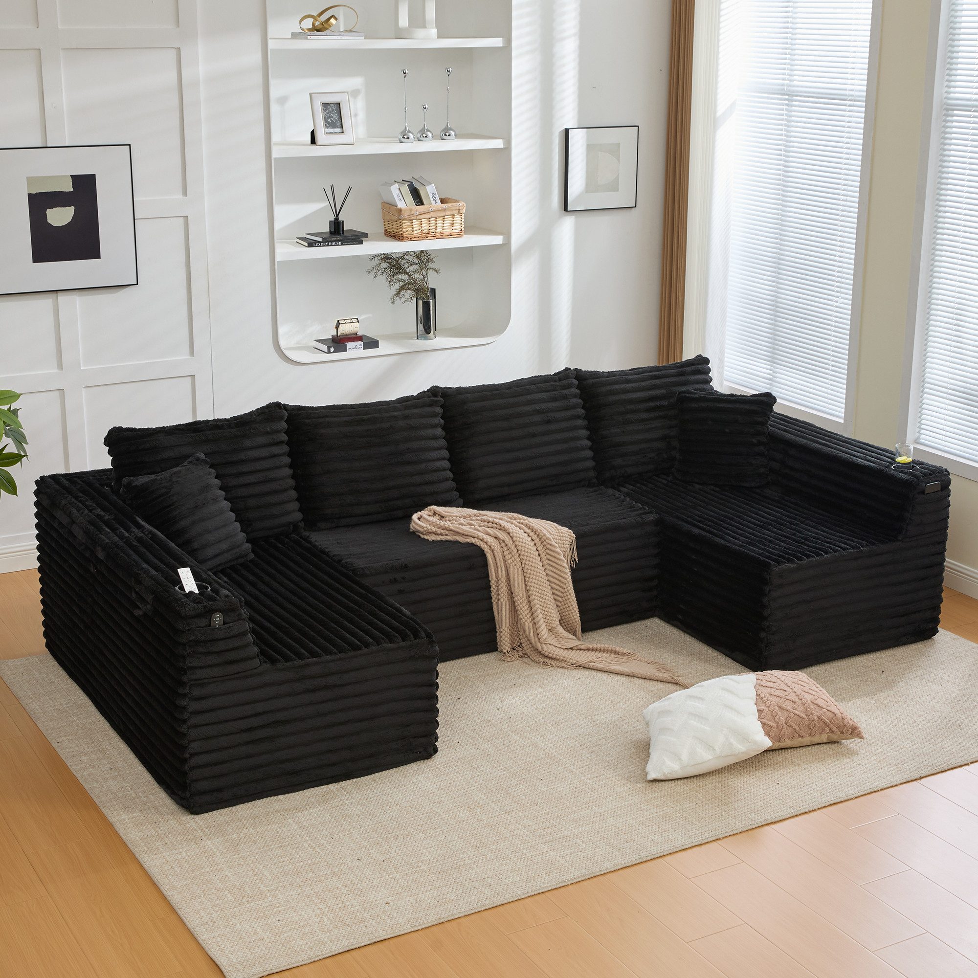 Odikalo Sofa Ecksofa Eckcouch mit Schlaffunktion, U-Form, Cord-Sofa mit Getränkehaltern und Seitentaschen, Federkernpolsterung, 4 Rückenkissen und 2 Zierkissen